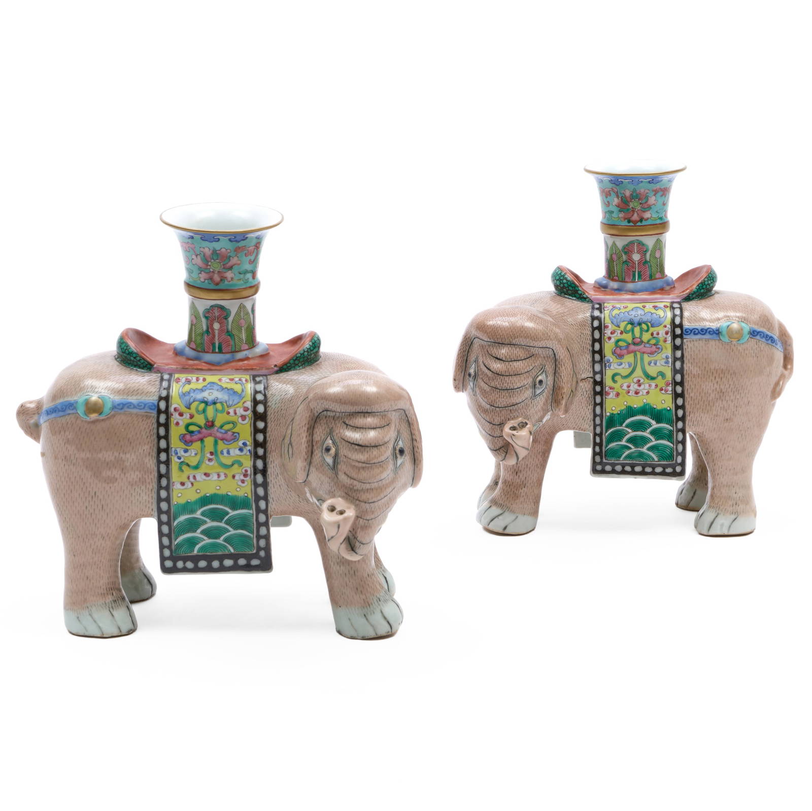 Pair of Chinese Export Famille Rose Porcelain Elephant Candlesticks