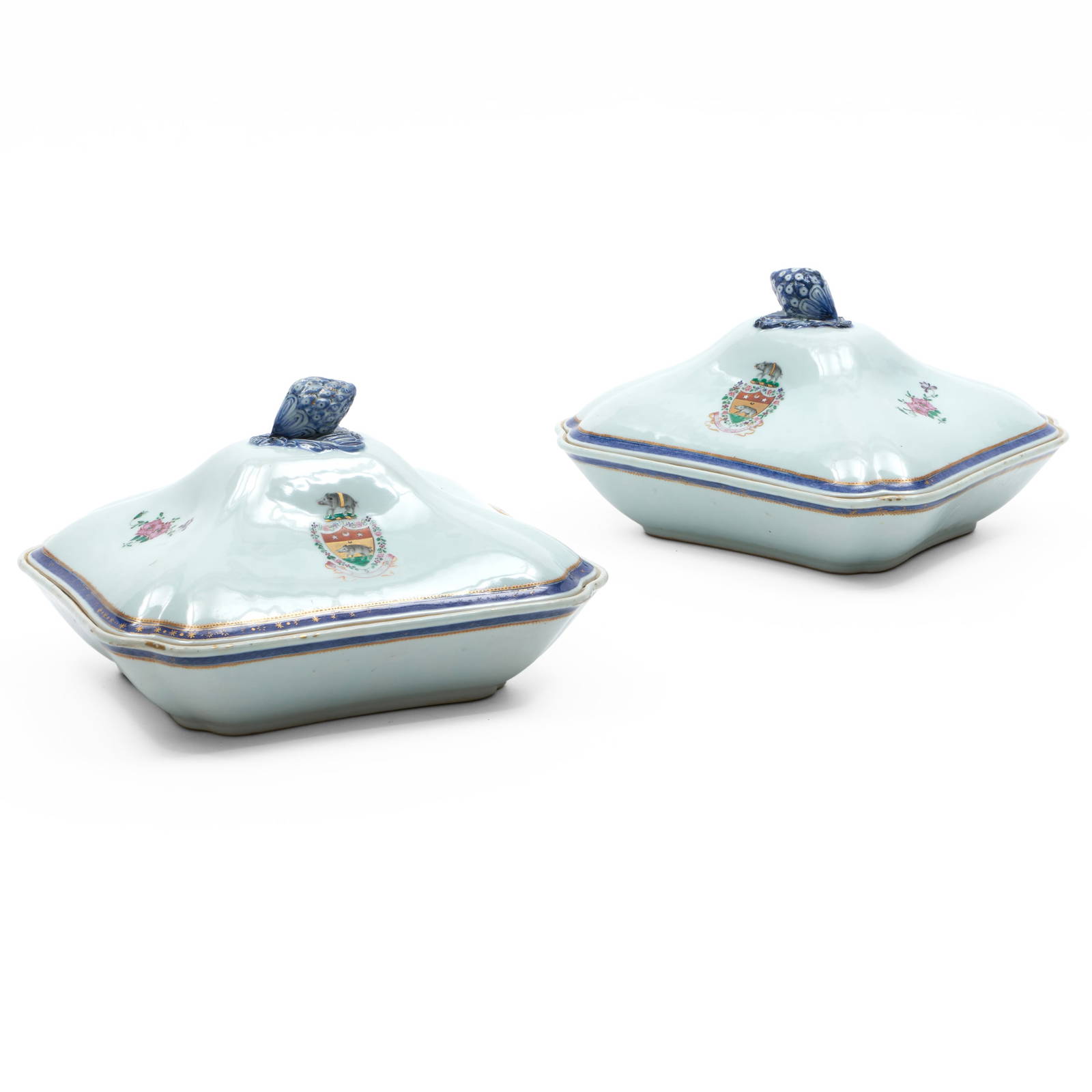 Pair of Chinese Export Armorial Vegetable Dishes and Covers with Arms of Teissier
