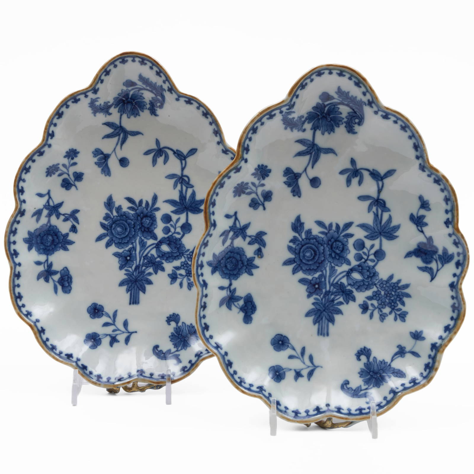 Pair of Chinese Export Blue and White Porcelain Leaf Dishes