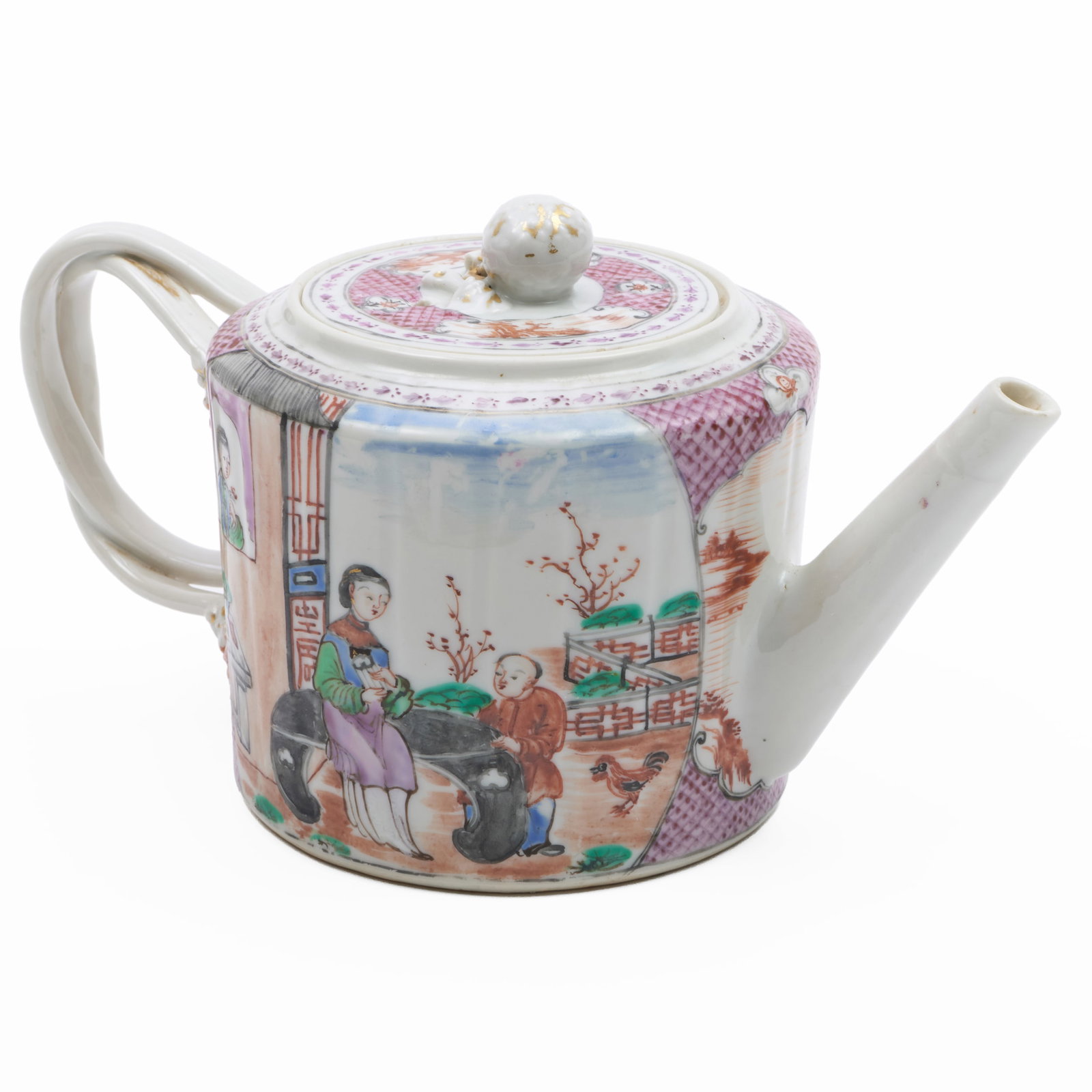 Chinese Export Famille Rose Porcelain Teapot and Cover: Chinese Export Famille Rose Porcelain Teapot and Cover Unmarked. 5 x 9 x 4 1/2 in. The Collection of James M. Labaugh Antiques, Pound Ridge, NY.