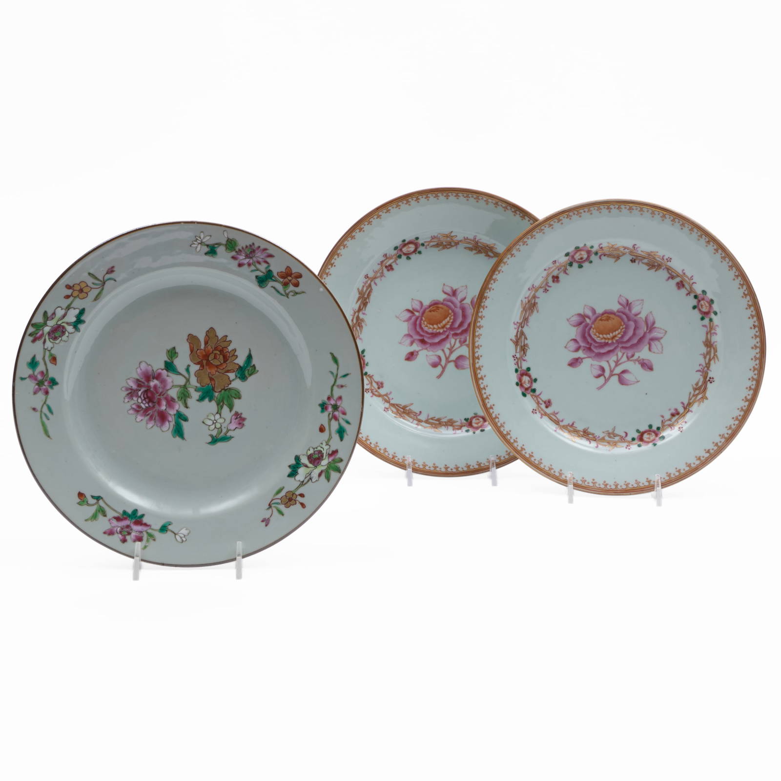 Group of Three Chinese Export Famille Rose Porcelain Plates with Flowers