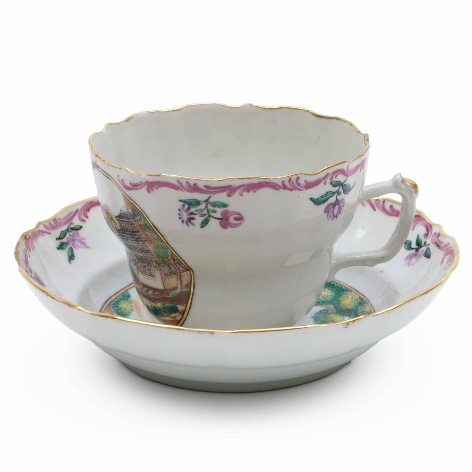 Chinese Export Porcelain Teacup and Saucer Decorated with a Palace Scene