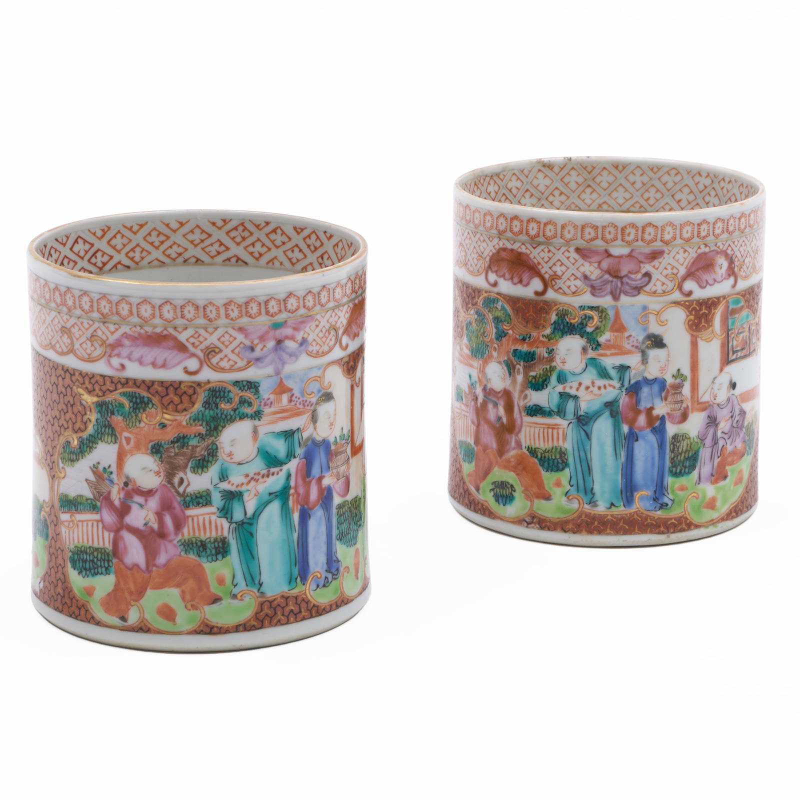 Pair of Chinese Export Mandarin Palette Porcelain Mugs