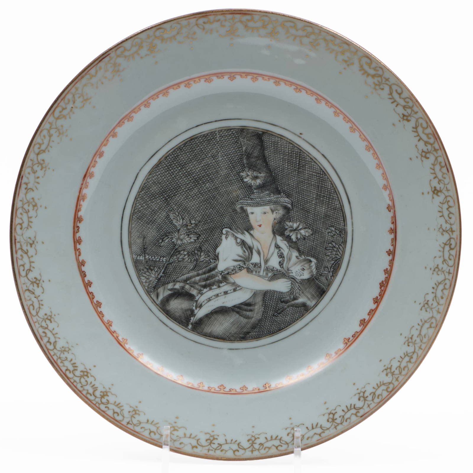 Chinese Export Grisaille Porcelain Plate with a Western Lady