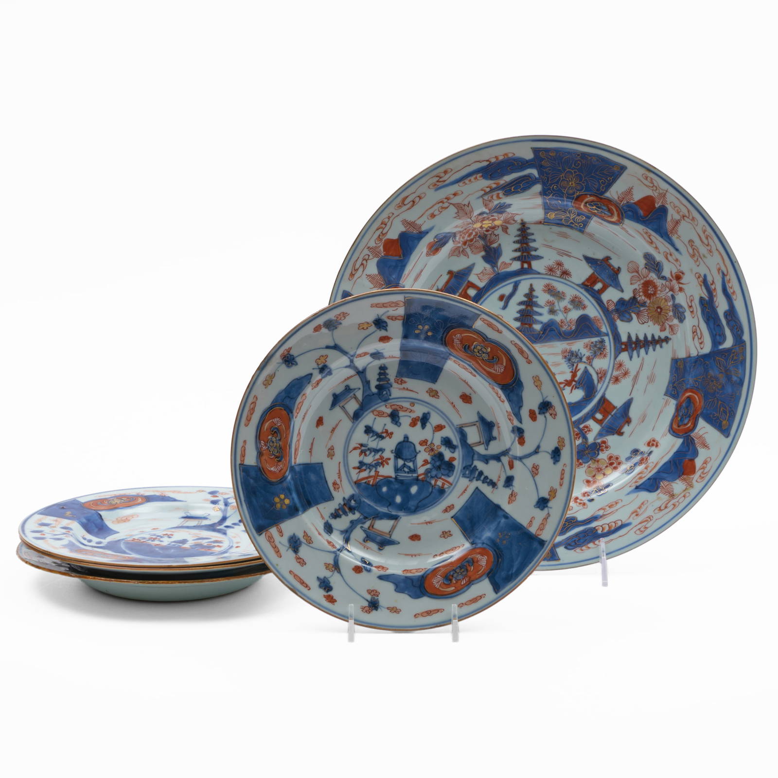 Set of Four Chinese Export Imari Porcelain Plates and a Charger