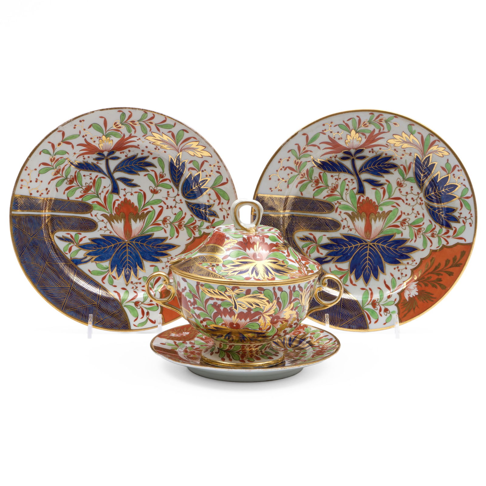 Worcester Porcelain Sauce Tureen, Cover and Stand and Pair of Dessert Plates in the 'Thumb and (1 of 12)