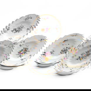 Assembled Group of Meissen Porcelain Similarly Decorated Soup Plates: Assembled Group of Meissen Porcelain Similarly Decorated Soup Plates Blue crossed sword mark. Comprising: A set of three with ozier molded border Three decorated with fruit sprays A pair with flower s
