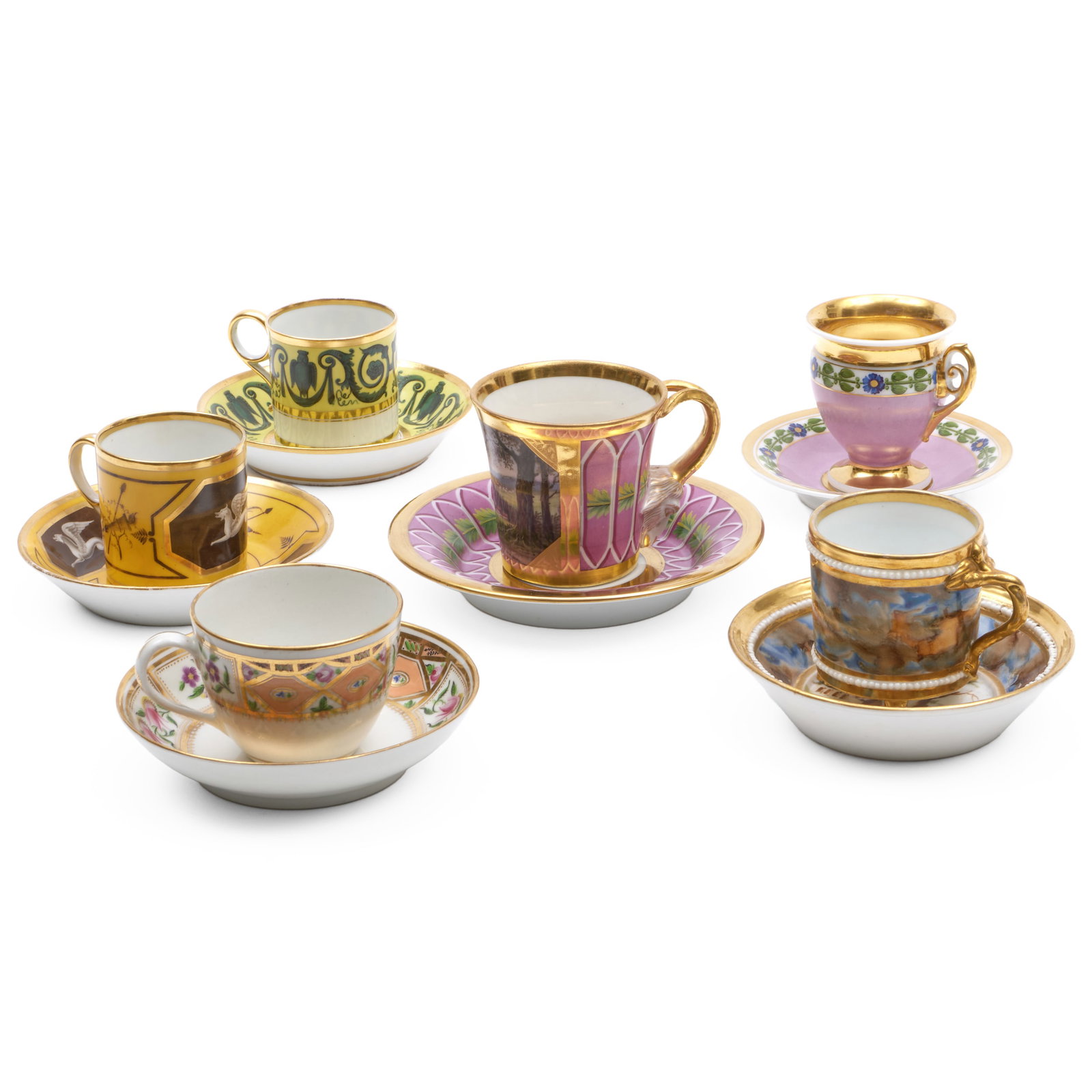 Group of Six Continental and English Porcelain Cabinet Cups and Saucers: Group of Six Continental and English Porcelain Cabinet Cups and Saucers Comprising: A Barr, Flight & Barr yellow ground cup and saucer, impressed mark A Berlin style pink ground cup and saucer with ra