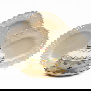 Group of English Creamware Articles: Group of English Creamware Articles Comprising: A sauce tureen and cover on fixed stand, unmarked A set of seven Minton plates with reticulated rims, impressed mark A set of four shaped dishes, unmark