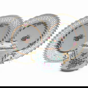 Pair of Chinese Export Famille Rose Porcelain Reticulated Plates and a Bowl and Cover: Pair of Chinese Export Famille Rose Porcelain Reticulated Plates and a Bowl and Cover Unmarked. The plates 7 1/2 in. diam., the bowl and cover 4 3/4 x 5 x 4 in., (3 pcs). The Collection of James M. La