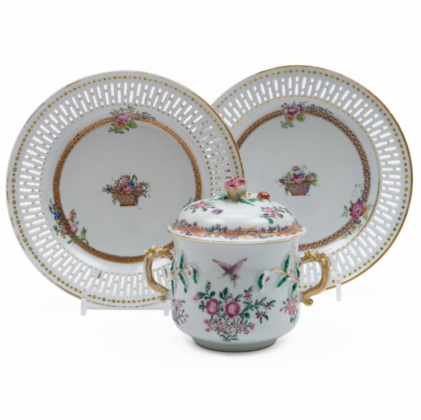 Pair of Chinese Export Famille Rose Porcelain Reticulated Plates and a Bowl and Cover