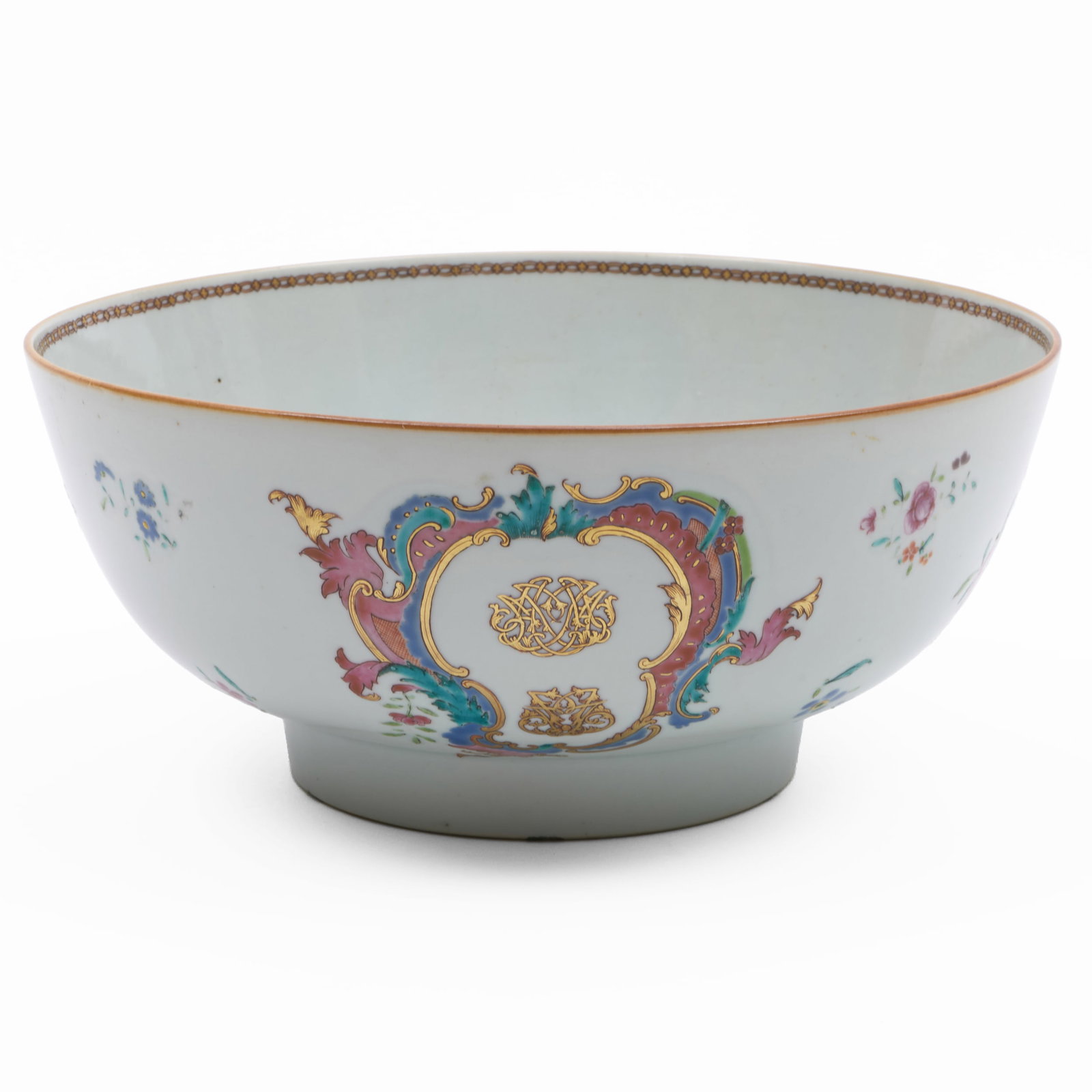 Chinese Export Famille Rose Porcelain Punch Bowl with Monograms: Chinese Export Famille Rose Porcelain Punch Bowl with Monograms Unmarked. 4 1/2 x 10 1/8 in. diam. Partial applied label for Matthew & Elisabeth Sharpe Antiques, Spring Mill, Conshohocken, PA