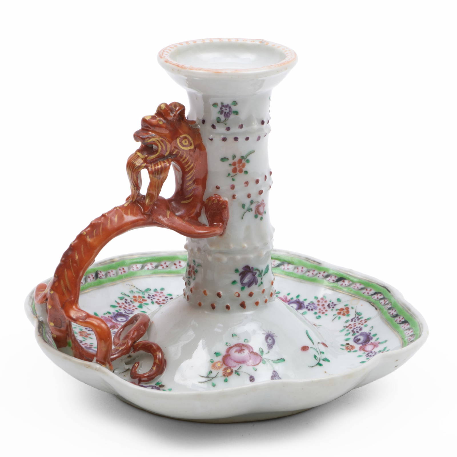 Chinese Export Porcelain Dragon Handle Chamberstick