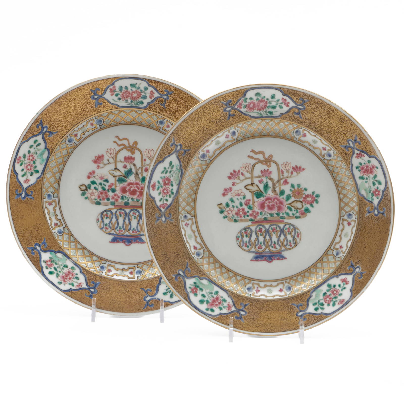 Pair of Chinese Export Gilt Ground Plates with Flowers in Baskets