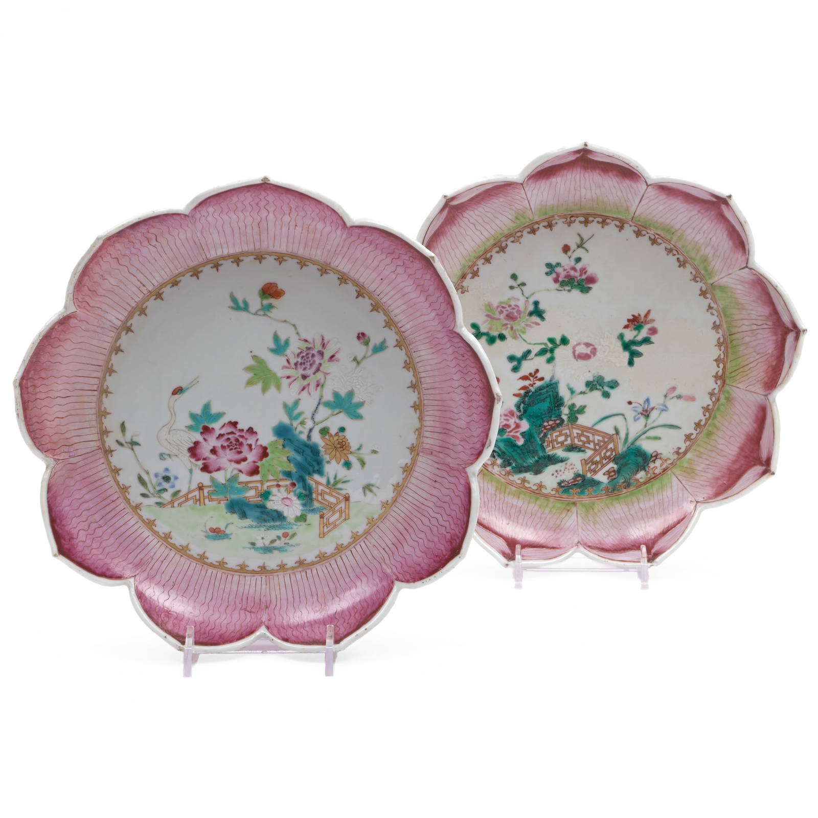 Two Chinese Export Famille Rose Porcelain 'Lotus Pattern' Plates