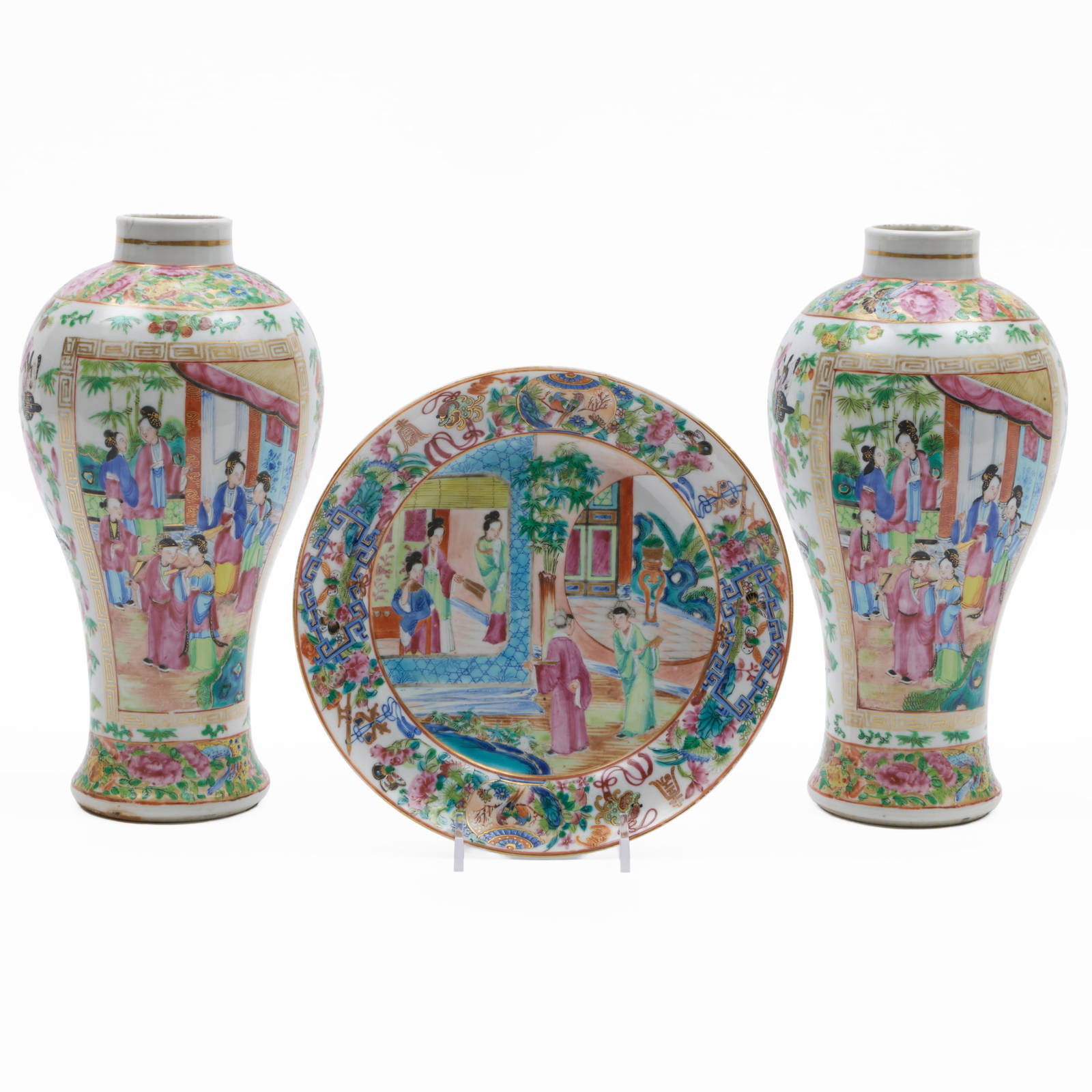 Pair of Chinese Export Rose Medallion Porcelain Baluster Vases and a Plate