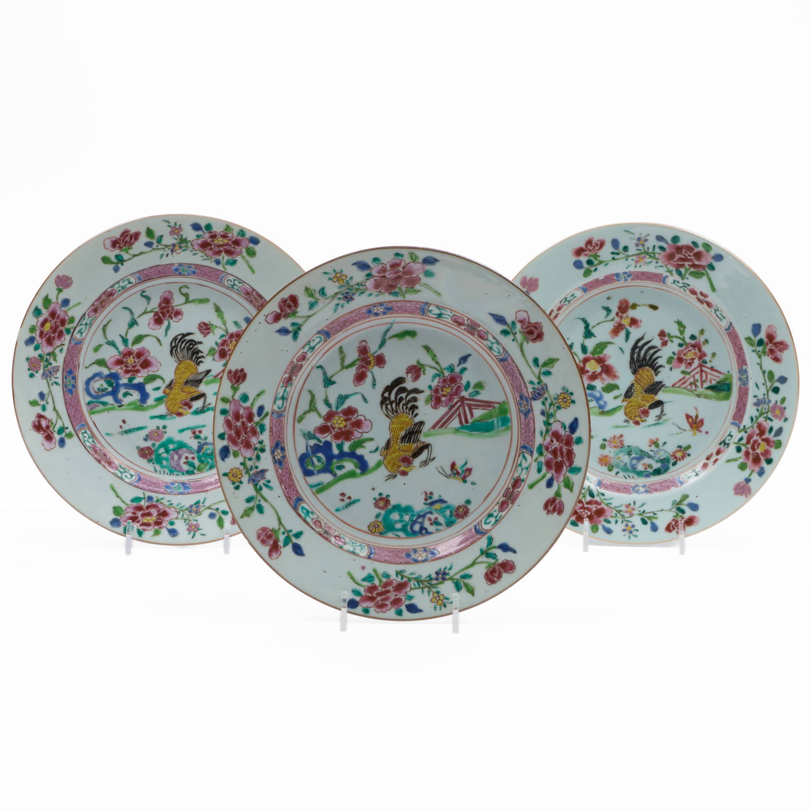 Three Chinese Export Famille Rose Porcelain Rooster Plates