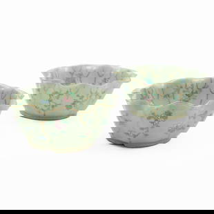 Pair of Chinese Export Celadon Ground Porcelain Lotus Form Bowls: Pair of Chinese Export Celadon Ground Porcelain Lotus Form Bowls Unmarked. 3 x 7 in. diam. The Collection of James M. Labaugh Antiques, Pound Ridge, NY.