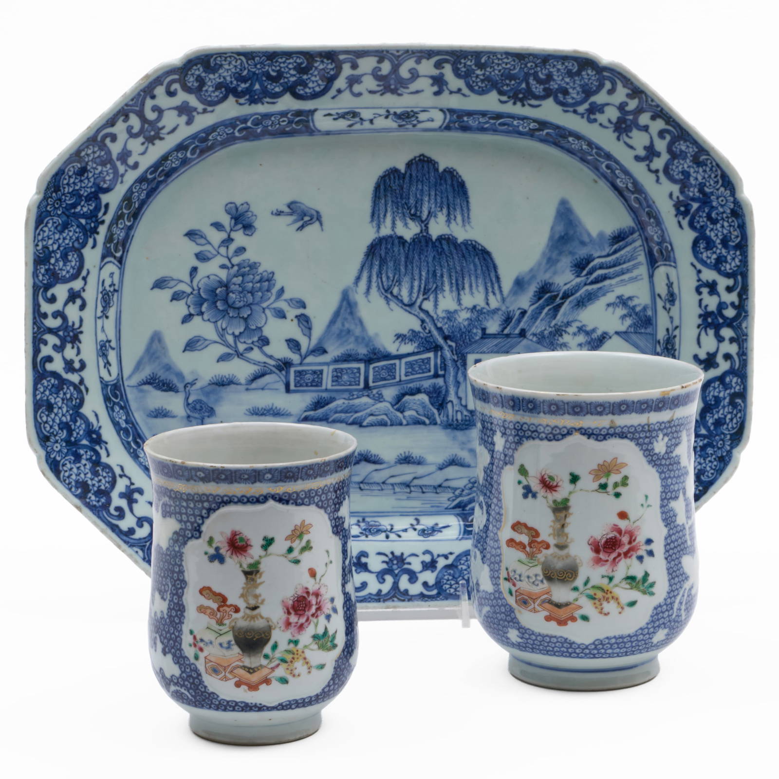Two Chinese Export Blue Ground Porcelain Mugs and a Platter