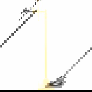 Brass Swing-Arm Floor Lamp and a Wrought-Iron Floor Lamp: Brass Swing-Arm Floor Lamp and a Wrought-Iron Floor Lamp Gold tone lamp, 4 ft. 9 x 8 x 19 1/2 in. (extended arm). Wrought Iron lamp, 4 ft. 9 1/4 x 14 x 14 in.