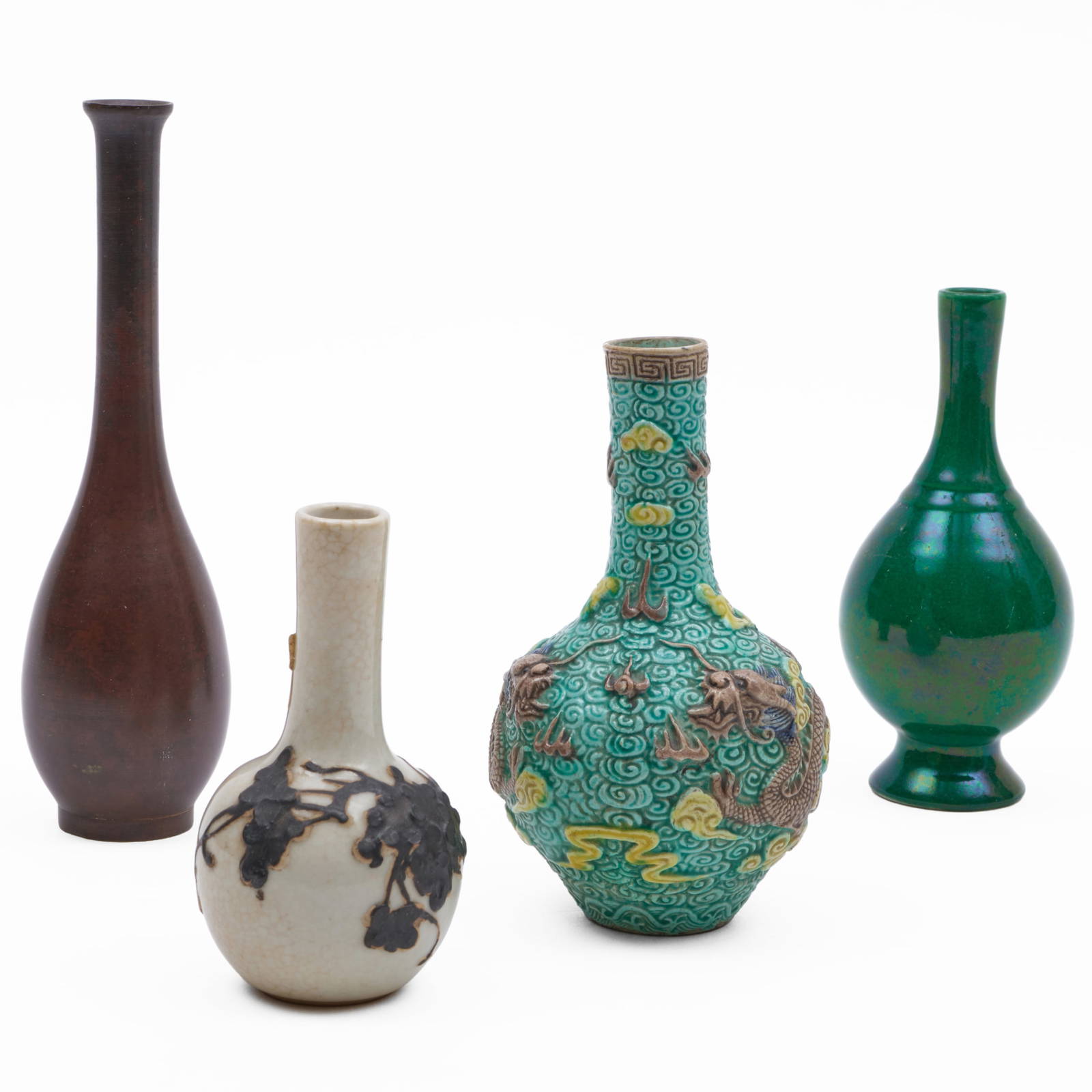 Group of Three Small Chinese Porcelain Vases and a Japanese Bronze Vase
