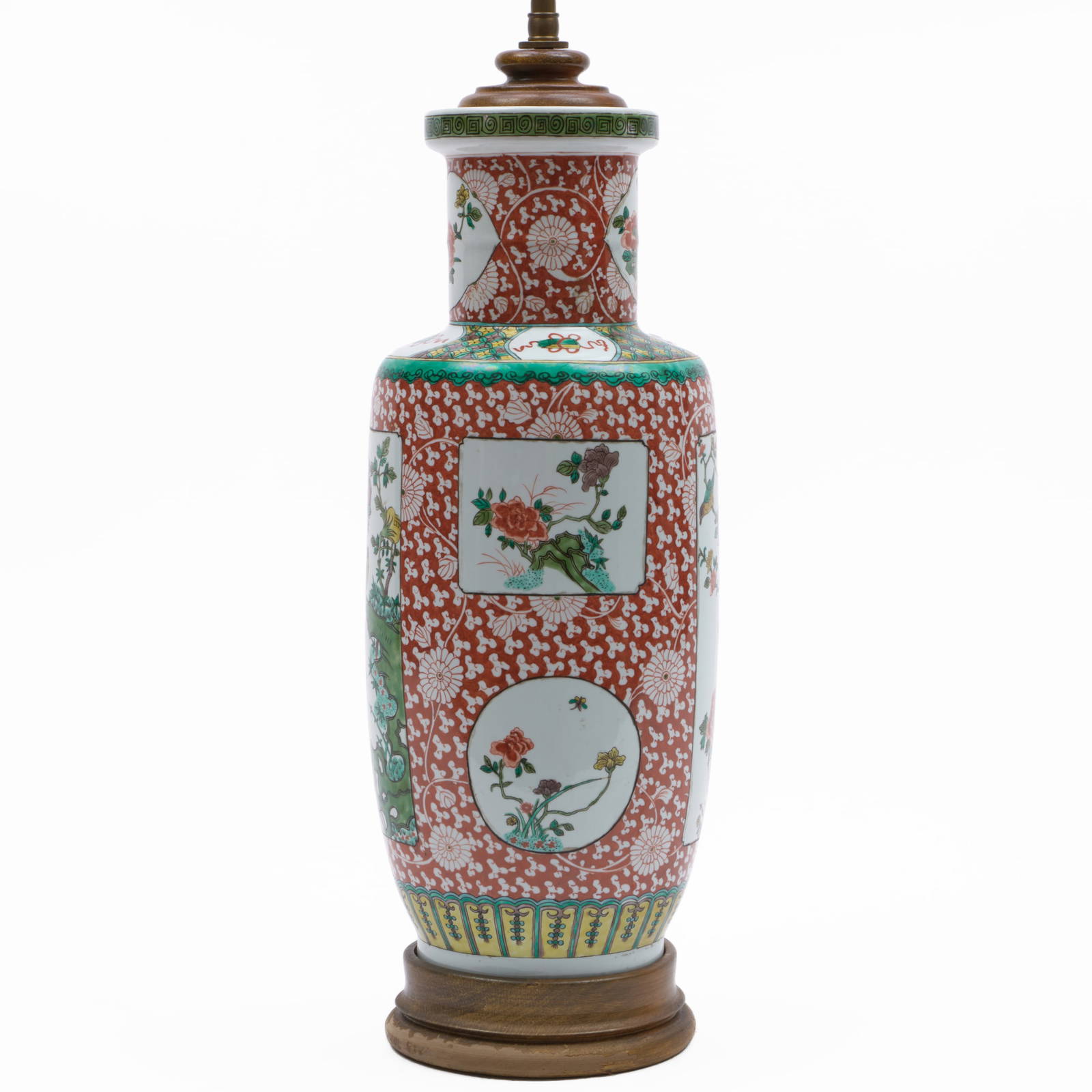 Chinese Export Famille Verte Porcelain Rouleau Vase Mounted as a Lamp