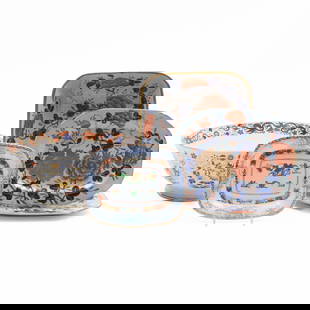Assembled Group of English Imari Wares: Assembled Group of English Imari Wares Comprising: A punch bowl An Ironstone shaped square bowl, impressed mark A pair of small platters A Spode stand, blue printed mark The punch bowl 4 3/4 x 10 3/4