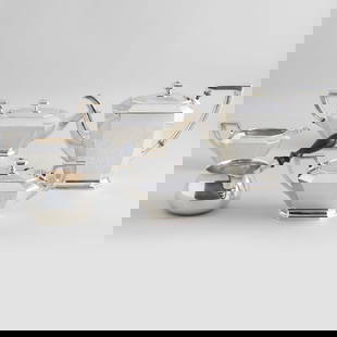 Gorham Silver Four Piece Tea and Coffee Service: Gorham Silver Four Piece Tea and Coffee Service Marked 'Sterling'; together with a brandy warmer, marked 'Sterling'. Comprising: A teapot with hinged cover A coffee pot with hinged cover A sugar bowl