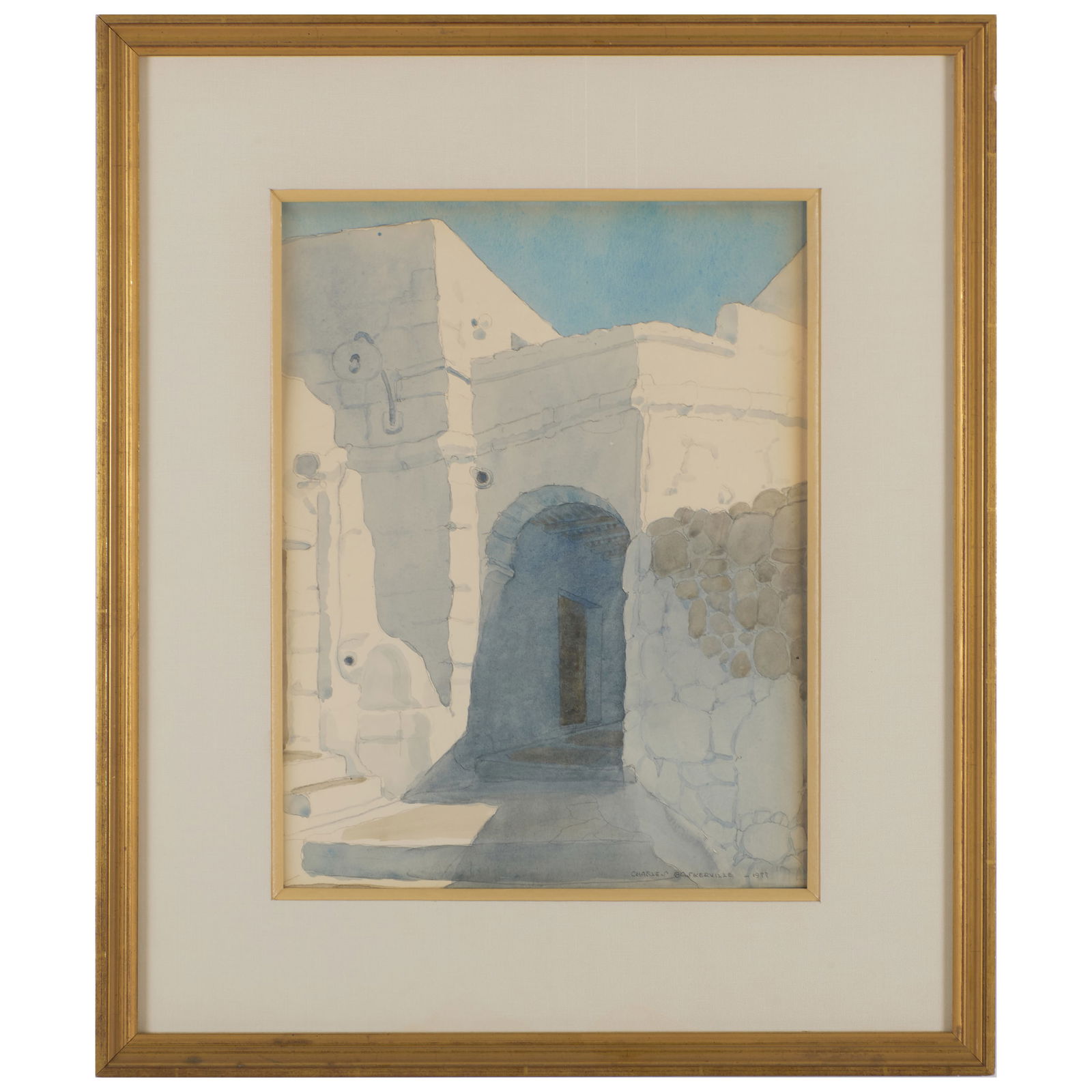 Charles Baskerville (1896-1994): Door to a Greek Mystery: Charles Baskerville (1896-1994): Door to a Greek Mystery Watercolor on paper, 1977, signed 'Charles Baskerville' and dated lower right, with label from FAR Gallery, NY. 13 x 10 in. (sight), 20 1/2 x 1