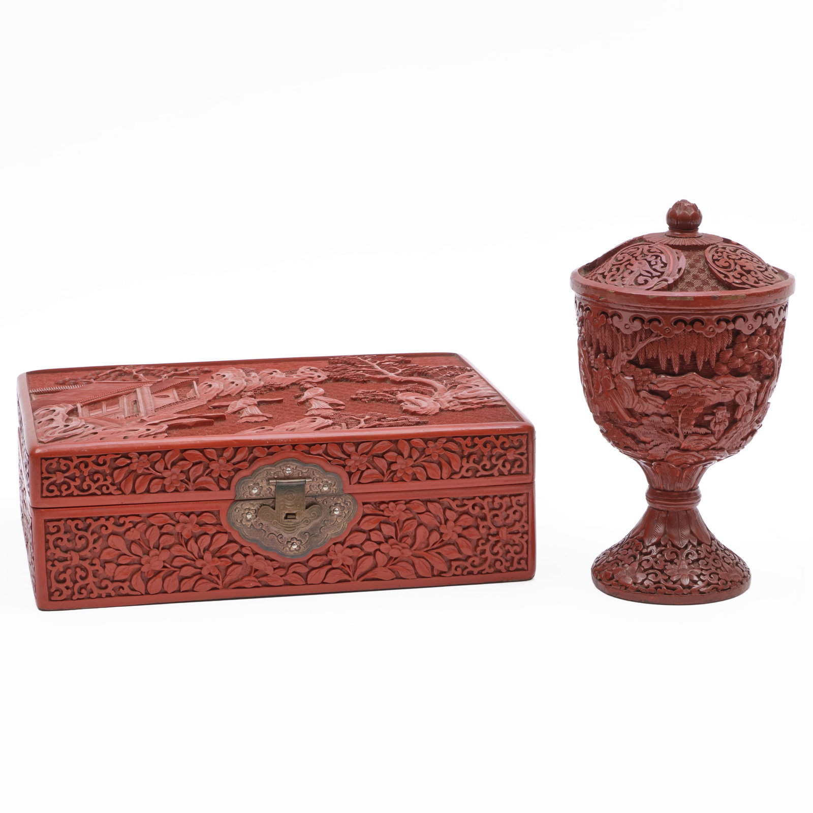 Cinnabar Style Jewelry Box and a Cup and Cover: Cinnabar Style Jewelry Box and a Cup and Cover The jewelry box with a fitted velvet interior, the cup and cover with enamel interior. The box 3 1/2 x 11 x 8 in., the cup 8 3/4 x 4 3/4 in. diam. Sutter