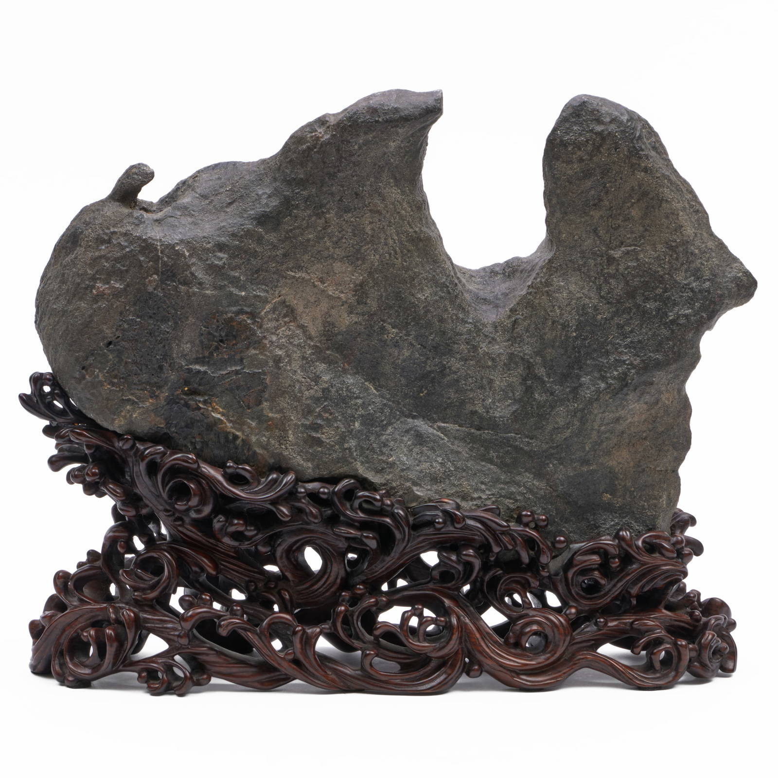 Chinese Lingbi Scholar's Rock on Carved Wood Stand