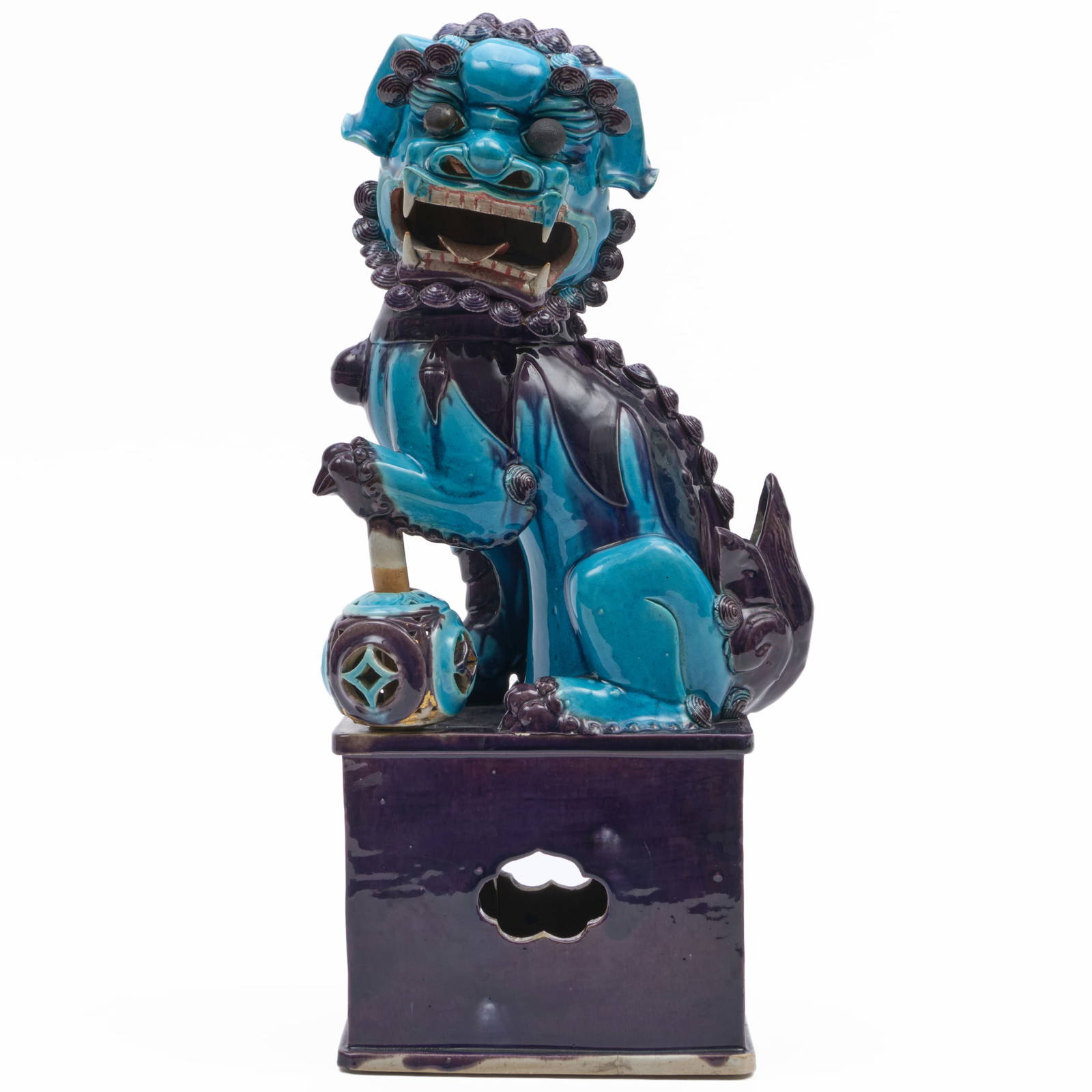 Large Chinese Turquoise and Aubergine Glazed Porcelain Budhistic Lion