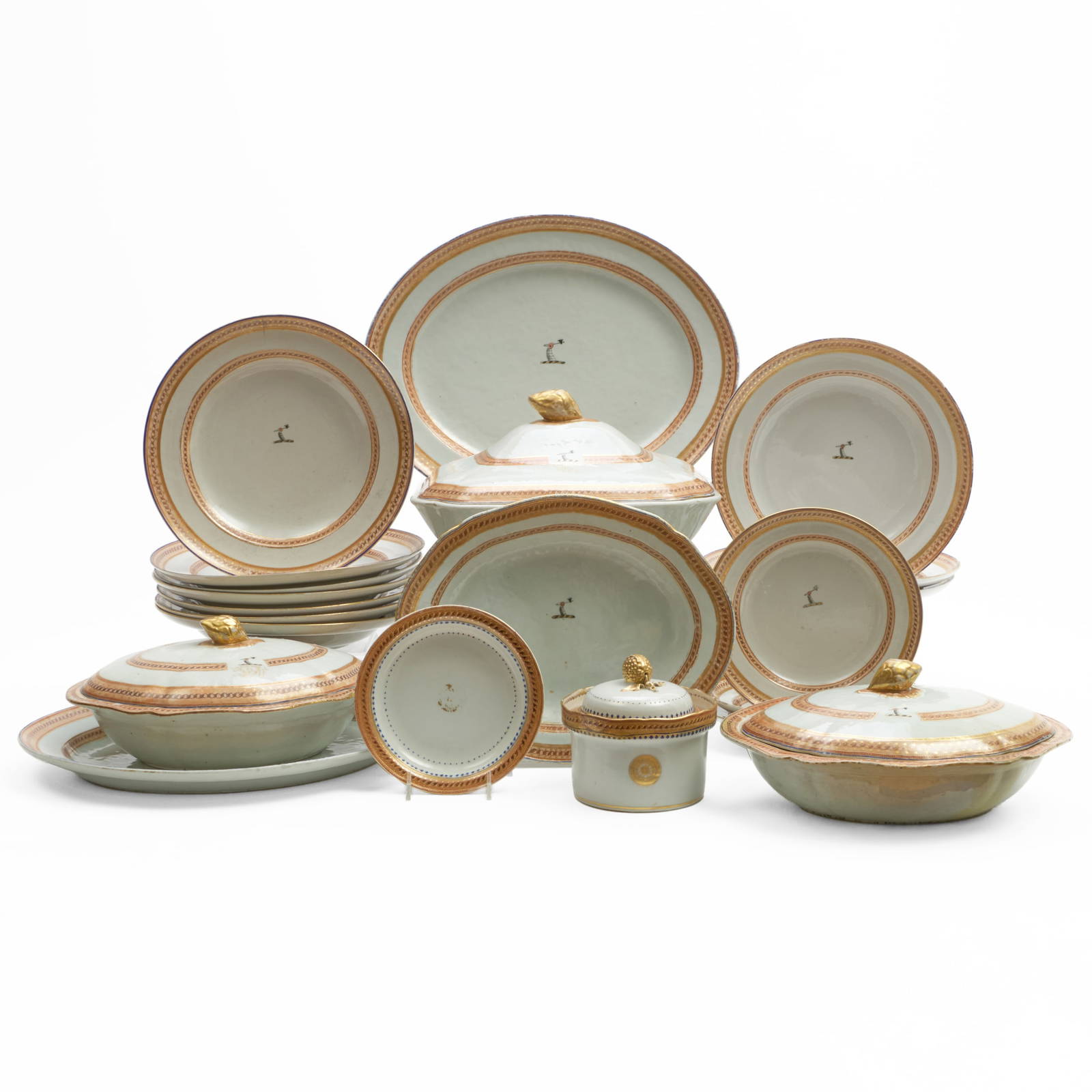 Chinese Export Peach Ground Porcelain Part Dinner Service with Crest
