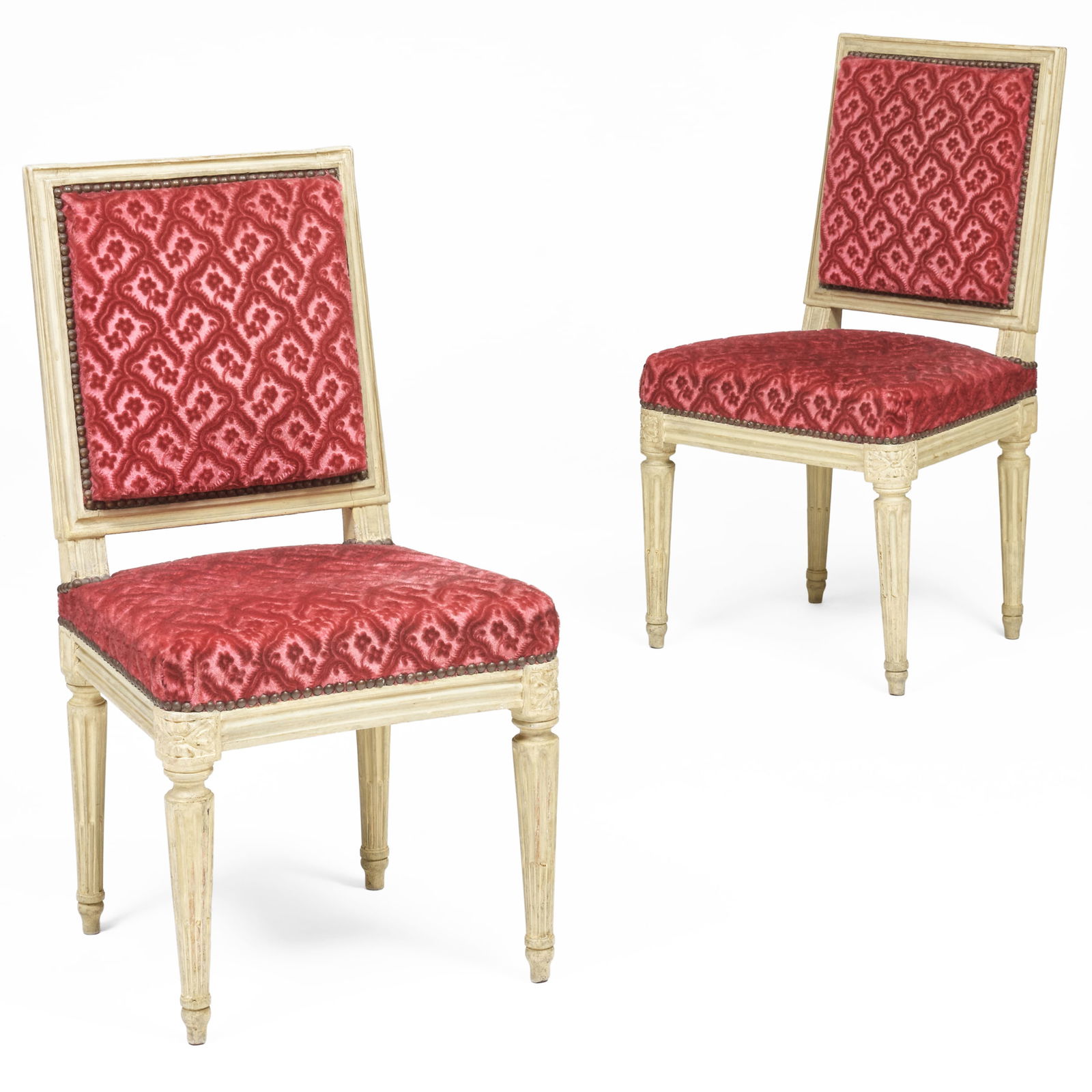 Pair of Louis XVI Grey Painted Chaises, Stamped Jacques Gay: Pair of Louis XVI Grey Painted Chaises, Stamped Jacques Gay Jacques Gay, maitre in 1779. Fitted with cut velvet upholstery. 33 x 17 1/2 x 18 in., seat height 17 in. The Chinese Porcelain Company.