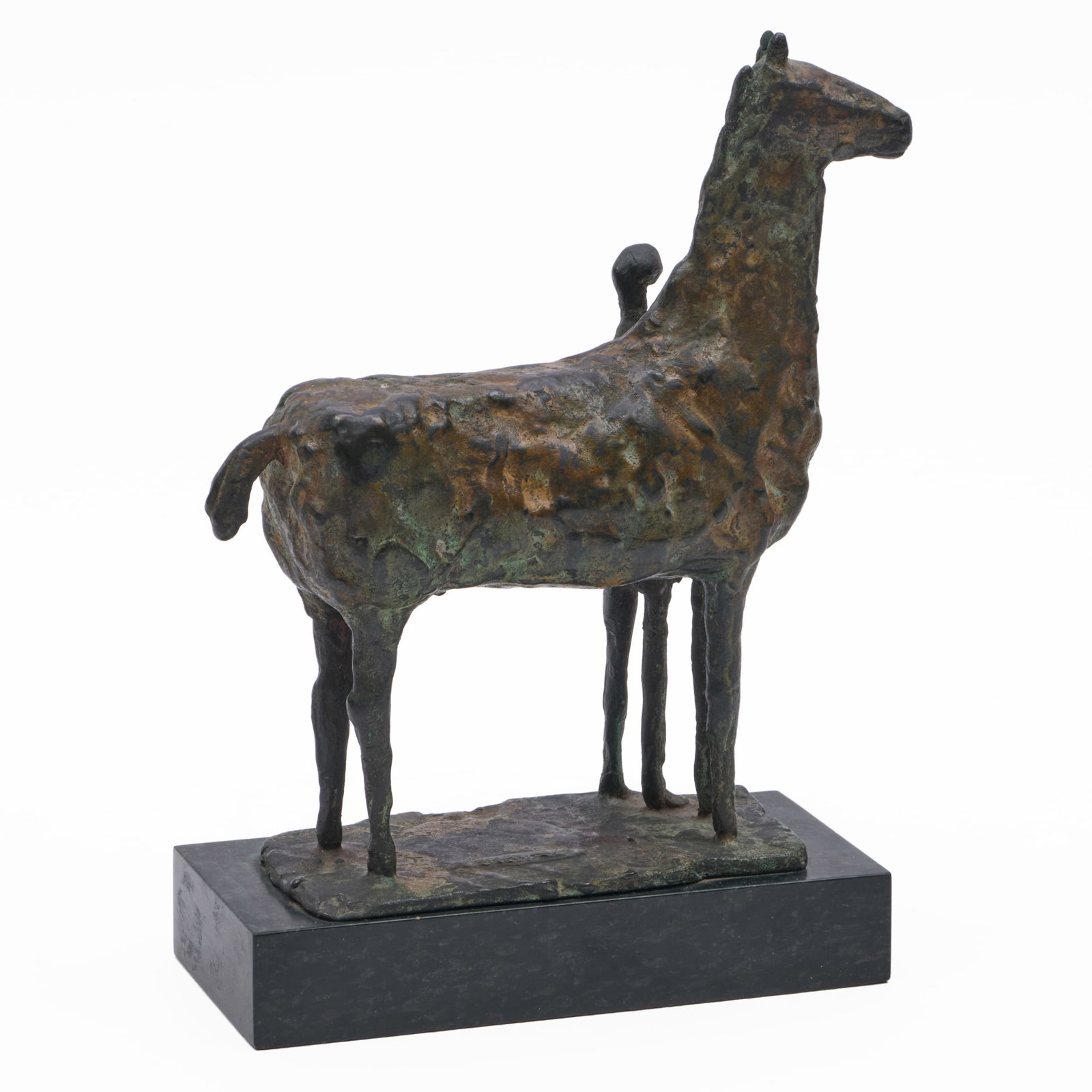 Sahl Swarz (1912-2004): Bronze Horse and a Figure: Sahl Swarz (1912-2004): Bronze Horse and a Figure Bronze, signed 'Swarz' and with an indistinct foundry mark at bottom, on a stone base. 9 1/2 x 6 5/8 x 3 1/8 in. (with base). The Chinese Porcelain Co
