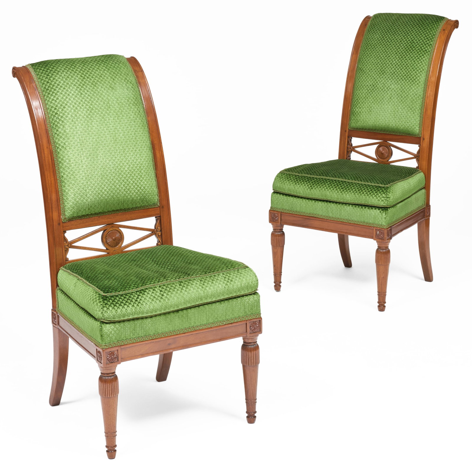 Fine Pair of Directoire Carved Mahogany Chaises: Fine Pair of Directoire Carved Mahogany Chaises Upholstered in green velvet. 37 x 18 1/2 x 23 1/2 in., seat height 17 1/2 in. Note: This pair of chairs were sold in Paris at Pierre Berge & Associates