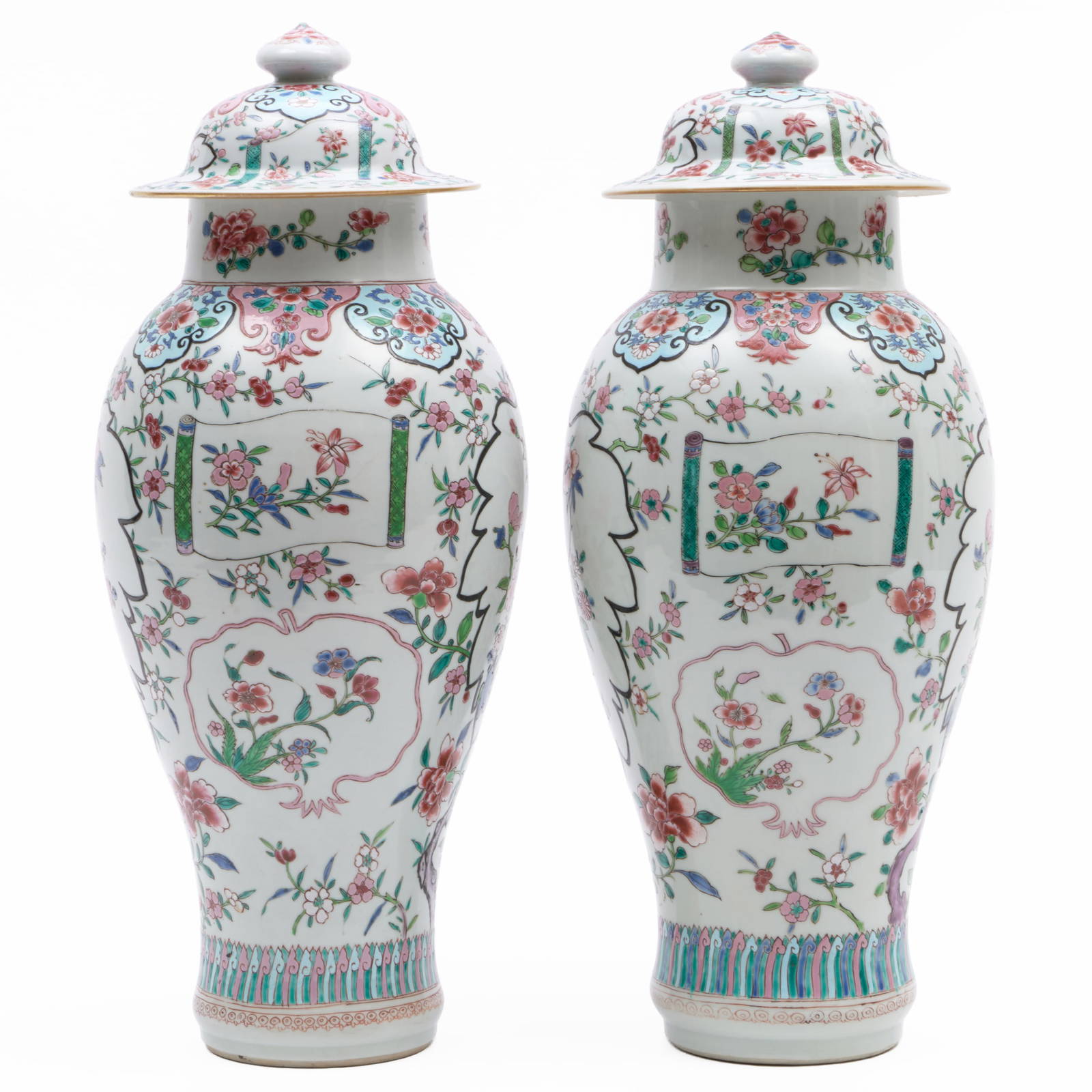 Pair of Chinese Export Porcelain Famille Rose Porcelain Baluster Vases and Covers
