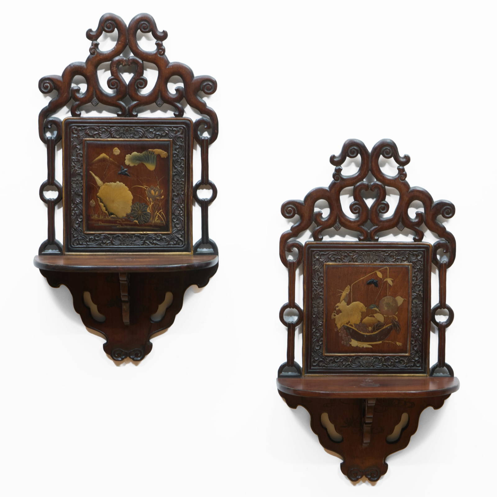 Pair of Chinese Hardwood Brackets with Japanese Lacquer Panels
