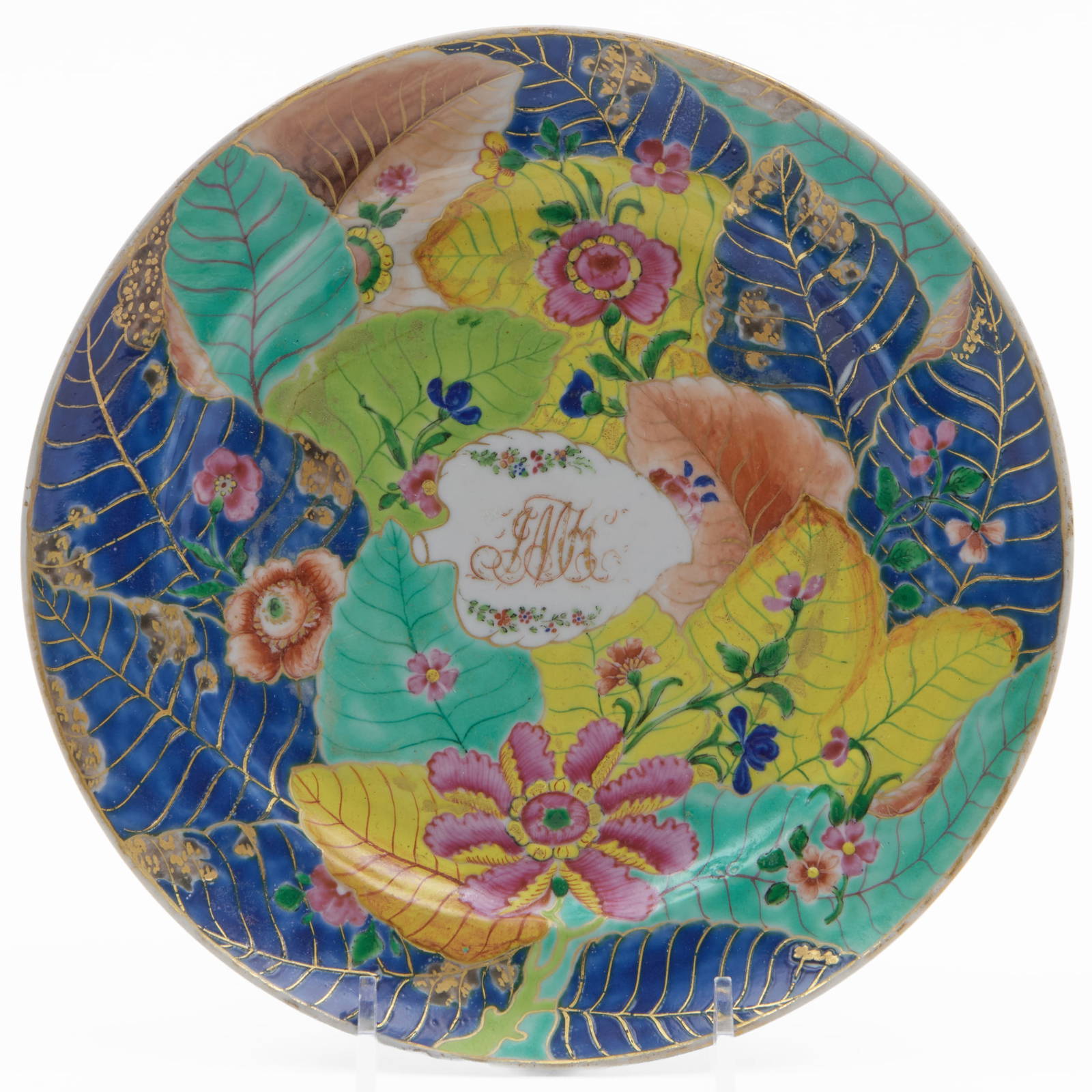 Chinese Export Porcelain 'Tobacco Leaf' Plate with Gilt Monogram