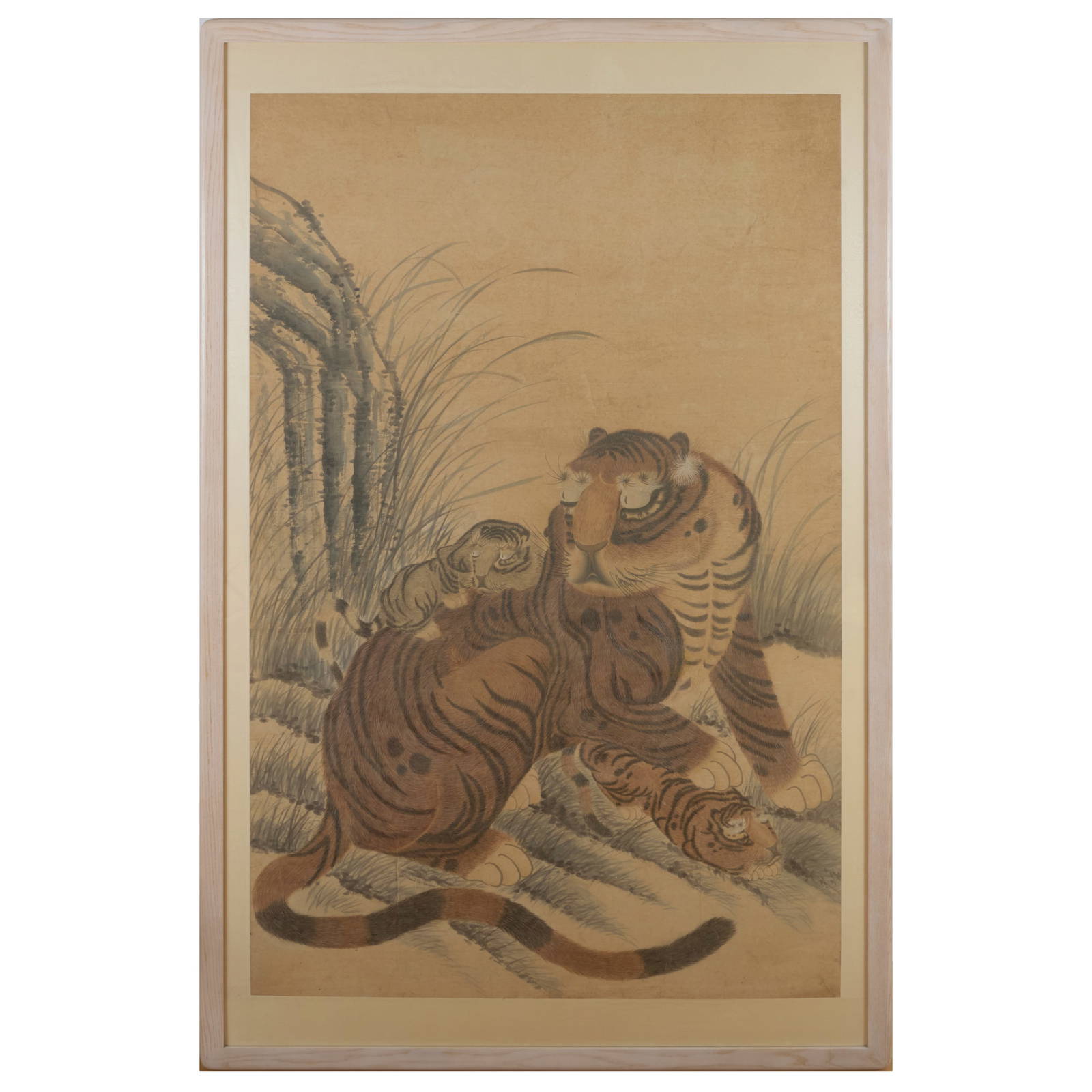 Chinese Scroll Painting of a Tiger with Two Cubs