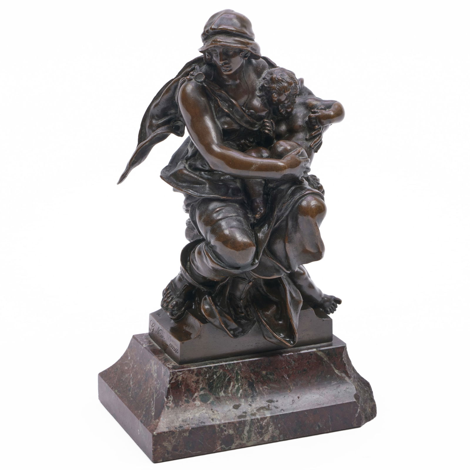 Giovanni Nisini (XIX): Allegory of Maternity: Giovanni Nisini (XIX): Allegory of Maternity Signed G. Nisini, Roma and W. Widemann. Patinated bronze and raised on a marble base. 8 1/4 x 5 x 3 1/2 in. The Chinese Porcelain Company.