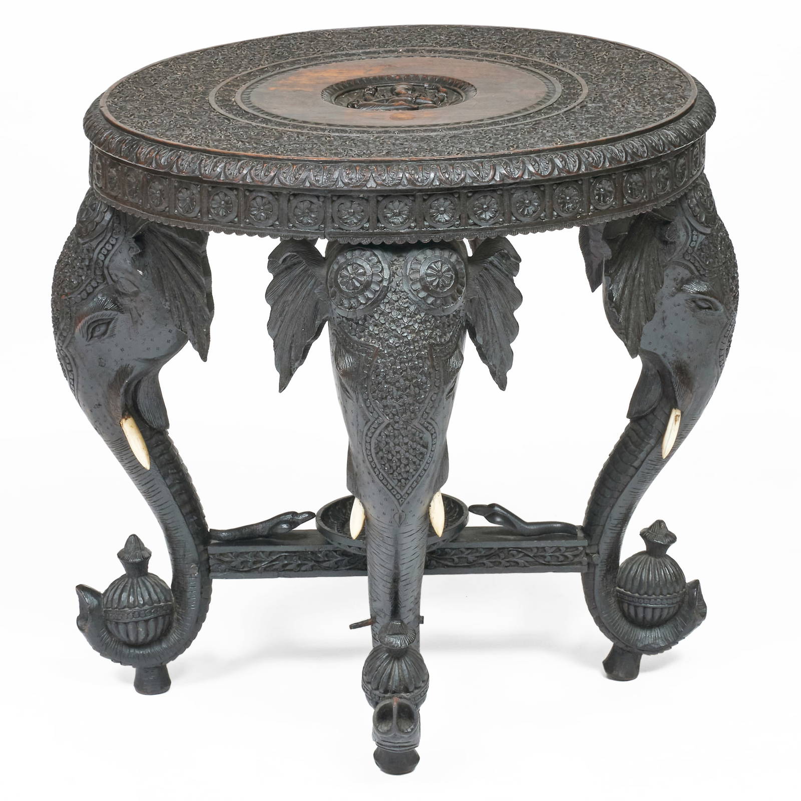 Anglo-Indian Carved Hardwood and Bone Circular Side Table