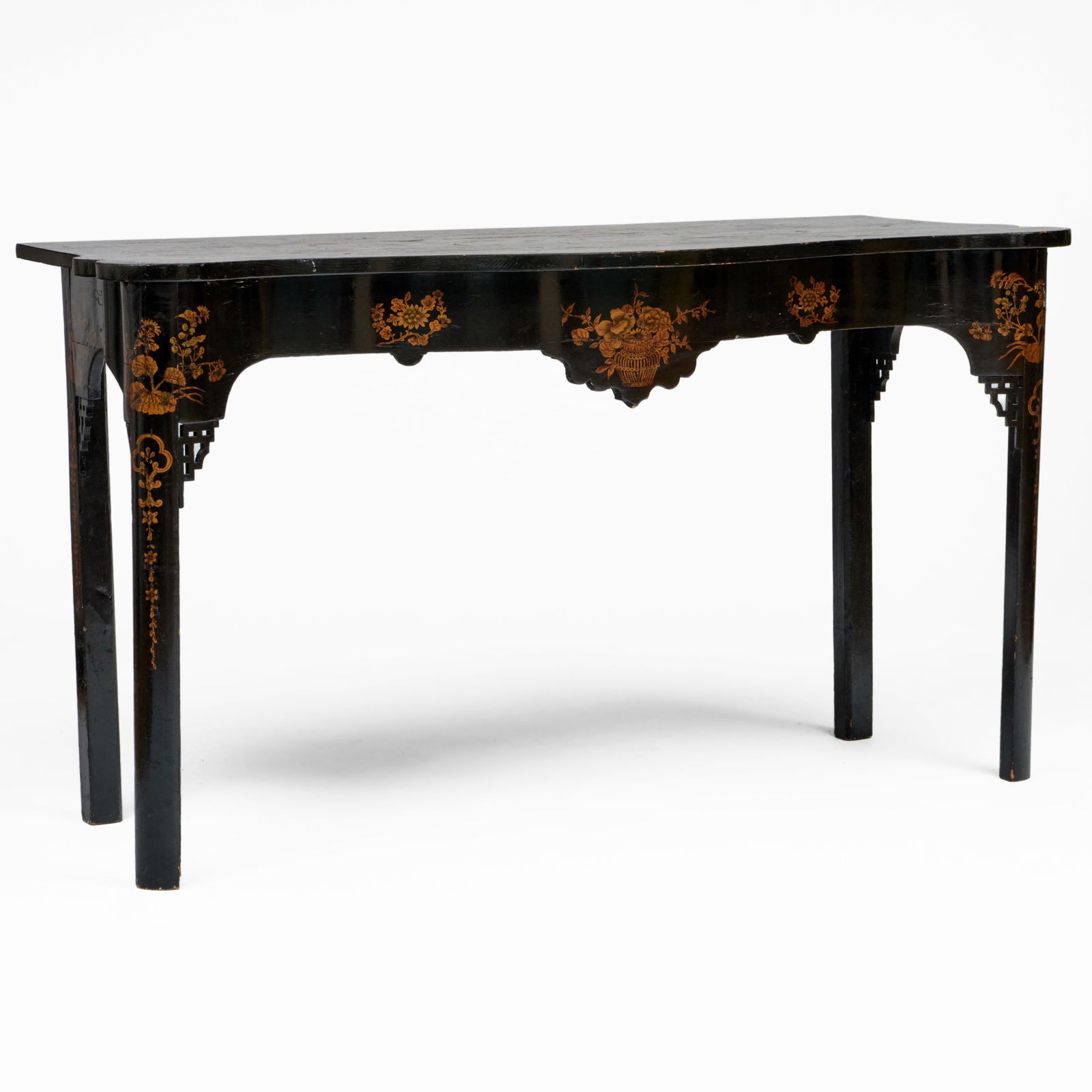 George III Black Japanned and Parcel-Gilt Serpentine Front Console Table, Irish: George III Black Japanned and Parcel-Gilt Serpentine Front Console Table, Irish 32 x 4 ft. 9 1/4 x 21 3/4 in. Note: A similar example was sold Sotheby's, Monaco, November 30 - December 2, 1986, Lot 84