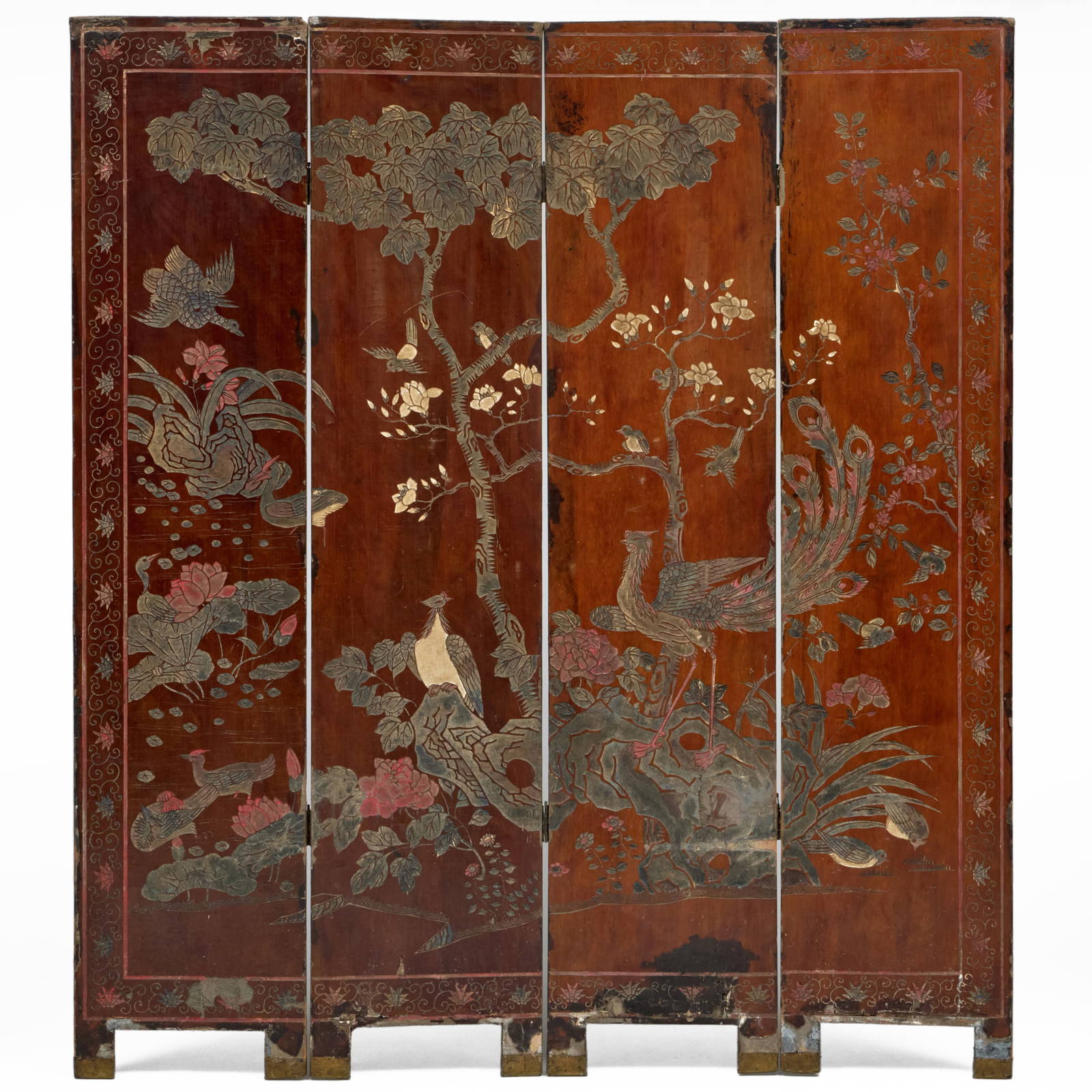 Chinese Brown Lacquer Coromandel Four Panel Screen