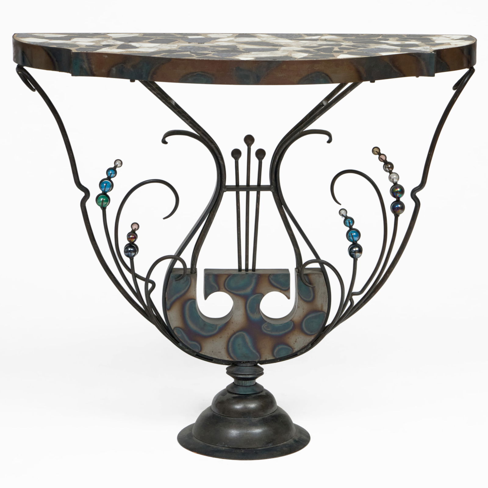 Mark Brazier-Jones (b. 1956): Patinated-Metal and Marble Console Table: Mark Brazier-Jones (b. 1956): Patinated-Metal and Marble Console Table The base fitted with glass elements. 35 1/4 x 40 1/4 x 17 3/4 in. The Chinese Porcelain Company.