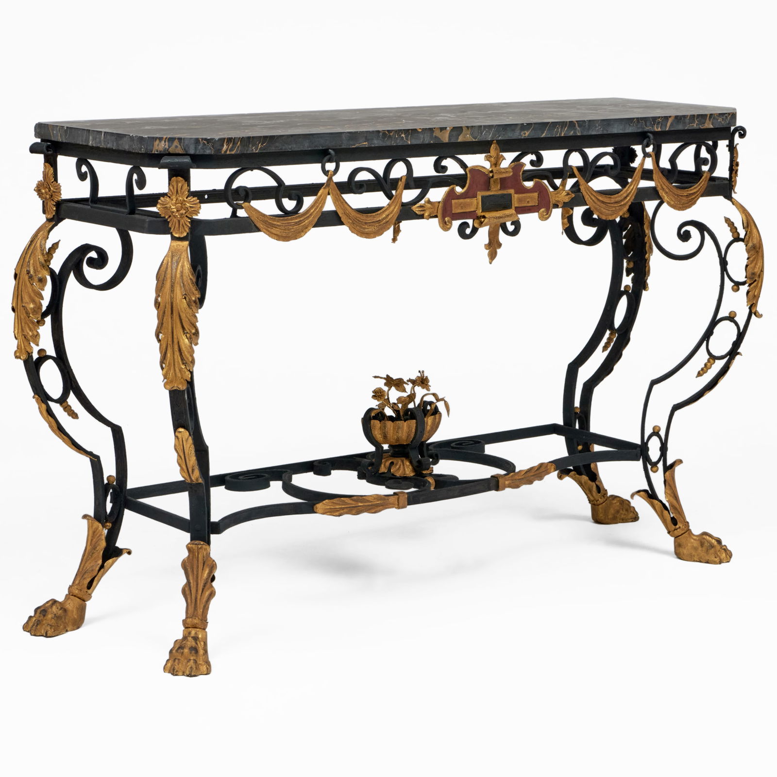 Baroque Style Wrought-Iron, Parcel-Gilt, and Portor Marble Console Table: Baroque Style Wrought-Iron, Parcel-Gilt, and Portor Marble Console Table 32 x 4 ft. 1 in. x 16 1/2 in. Property from a Southampton, New York estate. Sold Bonhams, New York, June 23, 2011, Lot 3077. Th