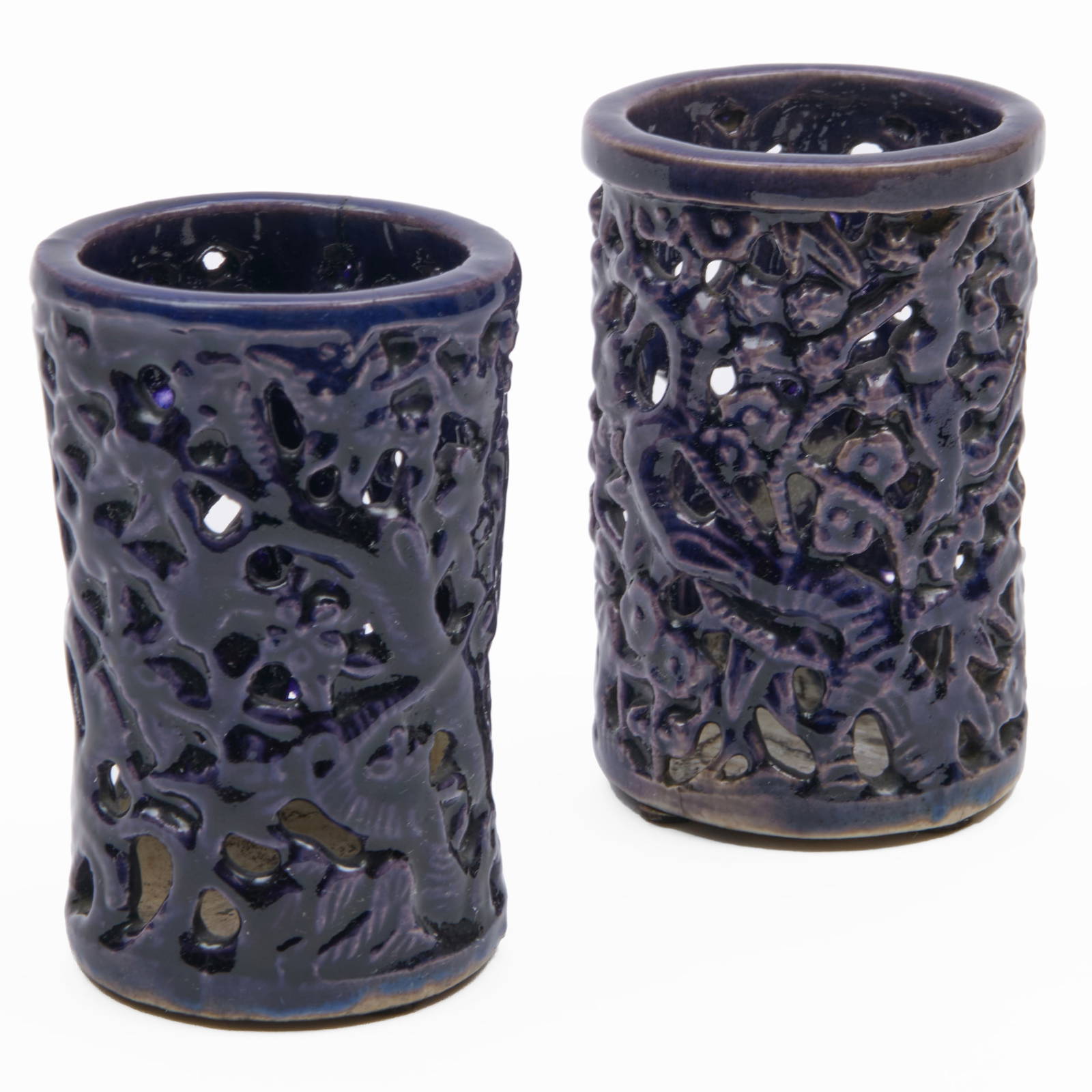 Pair of Small Chinese Aubergine Glazed Porcelain Reticulated Brushpots with Branches