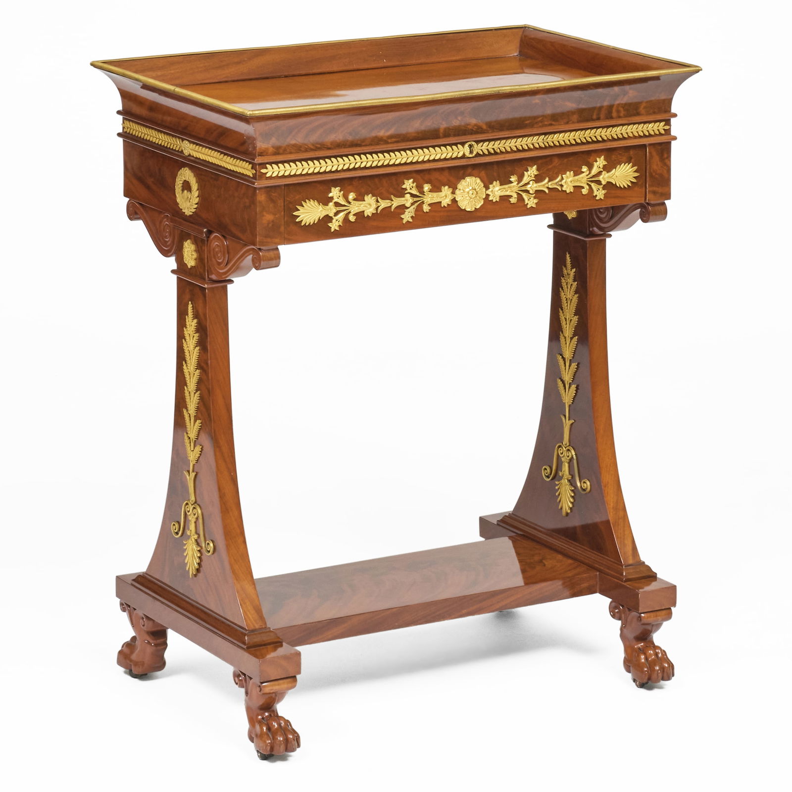 Fine Empire Ormolu-Mounted Mahogany Vide Poche, Stamped Jacob Freres, Rue Meslee: Fine Empire Ormolu-Mounted Mahogany Vide Poche, Stamped Jacob Freres, Rue Meslee Georges II and Francois-Honore Georges Jacob maitres from 1796-1803. The top has a spring mechanism, raised on casters.