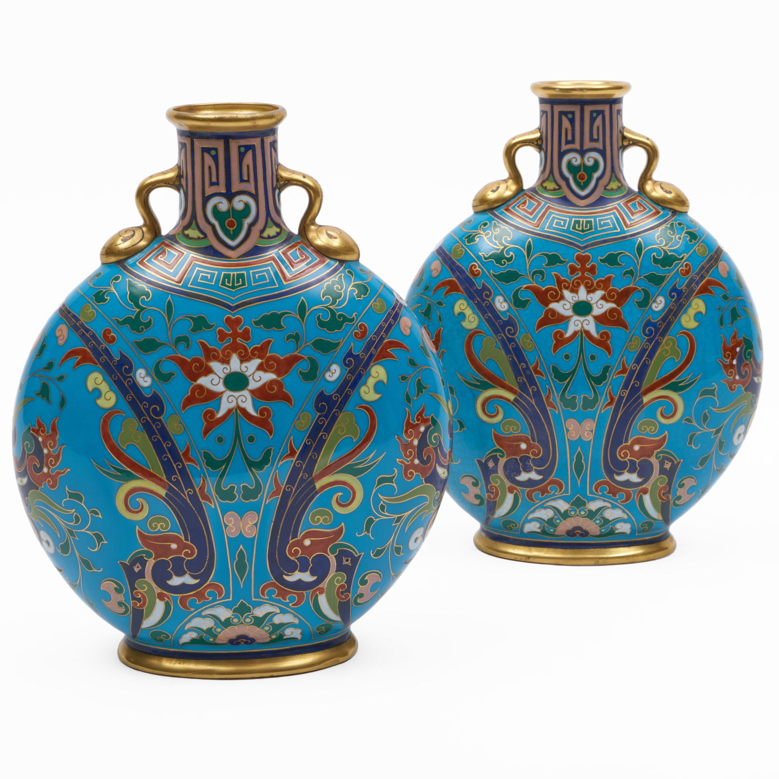 Pair of Christopher Dresser for Mintons Turquoise Ground Porcelain Moon Flasks: Pair of Christopher Dresser for Mintons Turquoise Ground Porcelain Moon Flasks Puce printed mark. 10 1/2 x 7 3/4 x 3 in.