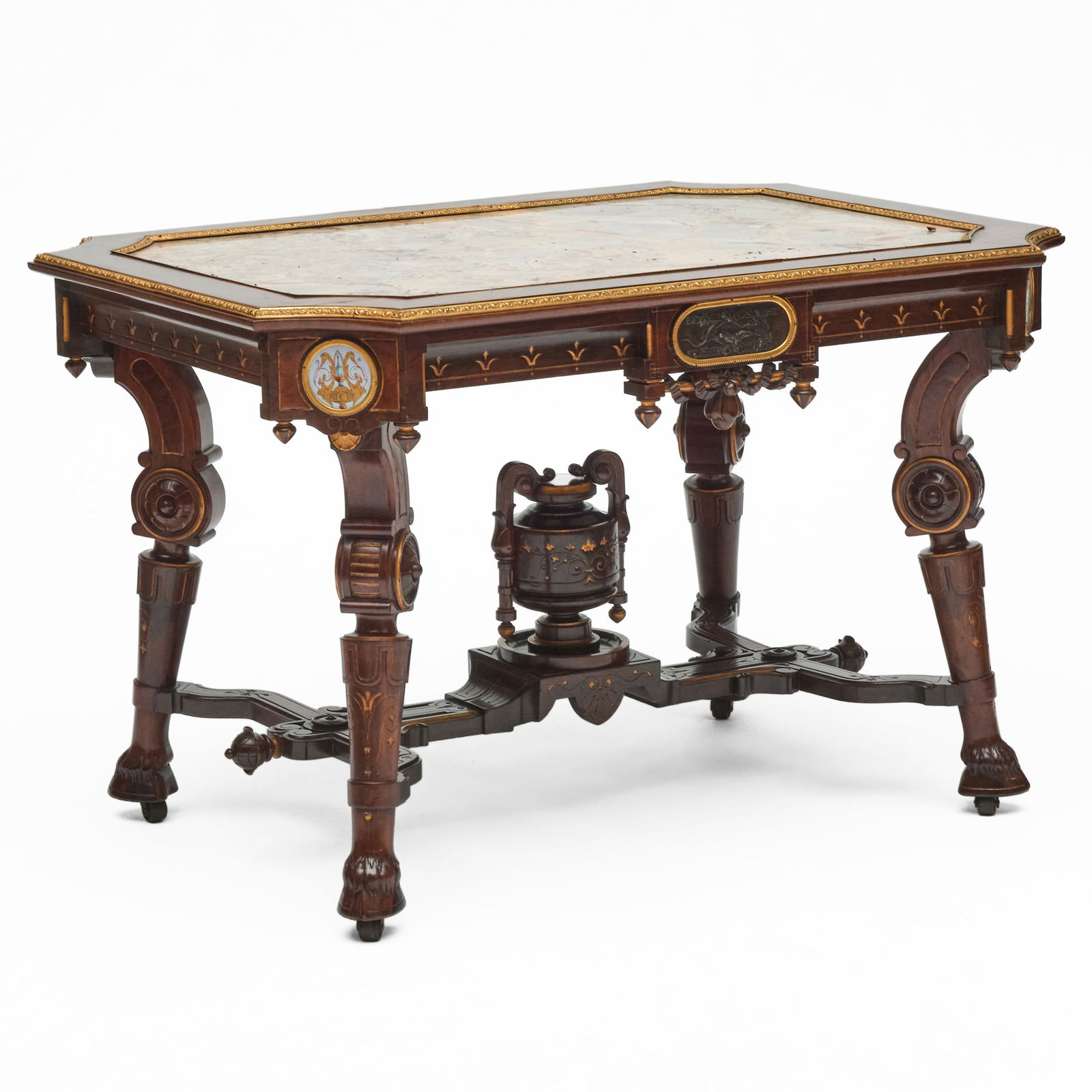 Pottier & Stymus Rosewood and Parcel-Gilt Marble Top Center Table with Bronze and Porcelain Plaques (1 of 11)